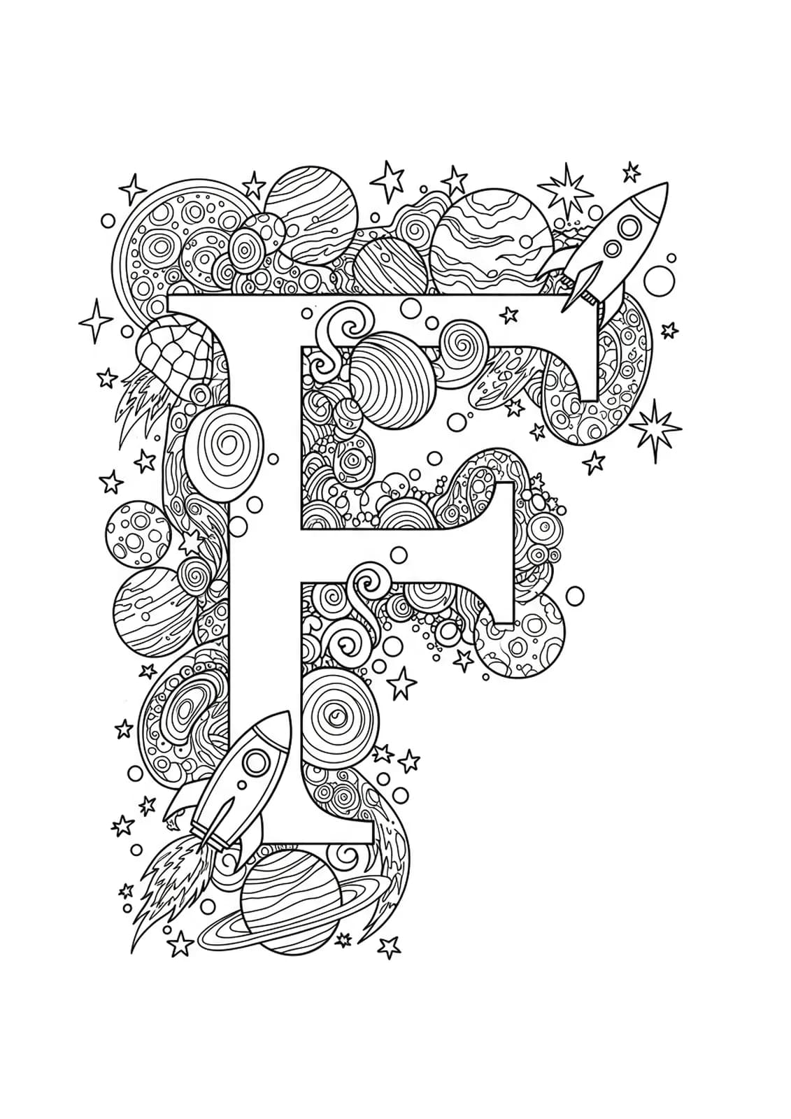 Letter F featuring intricate galaxies, planets, and stars for space-loving teens