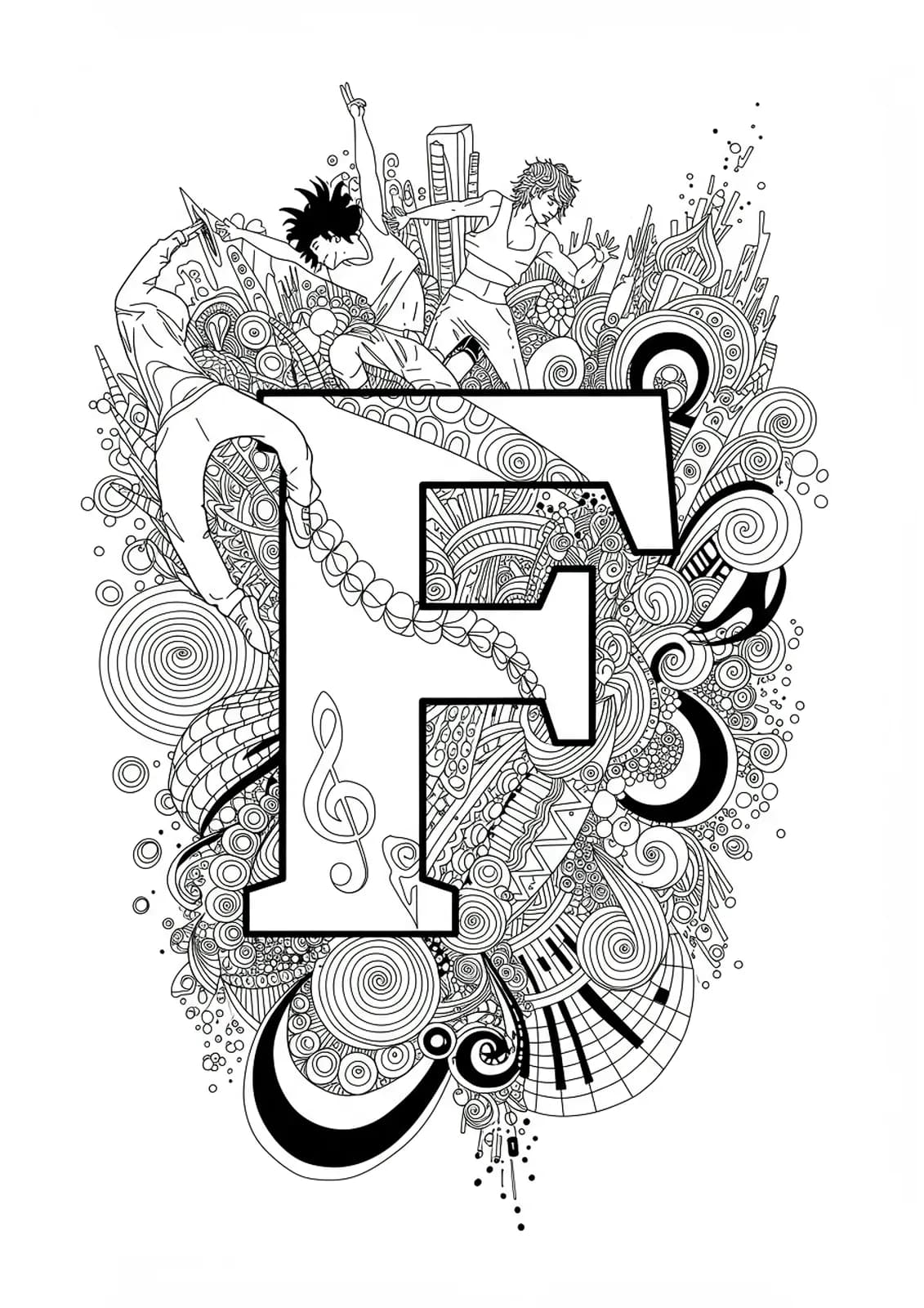 Letter F surrounded by street dance silhouettes, music notes, and swirling urban patterns for teens