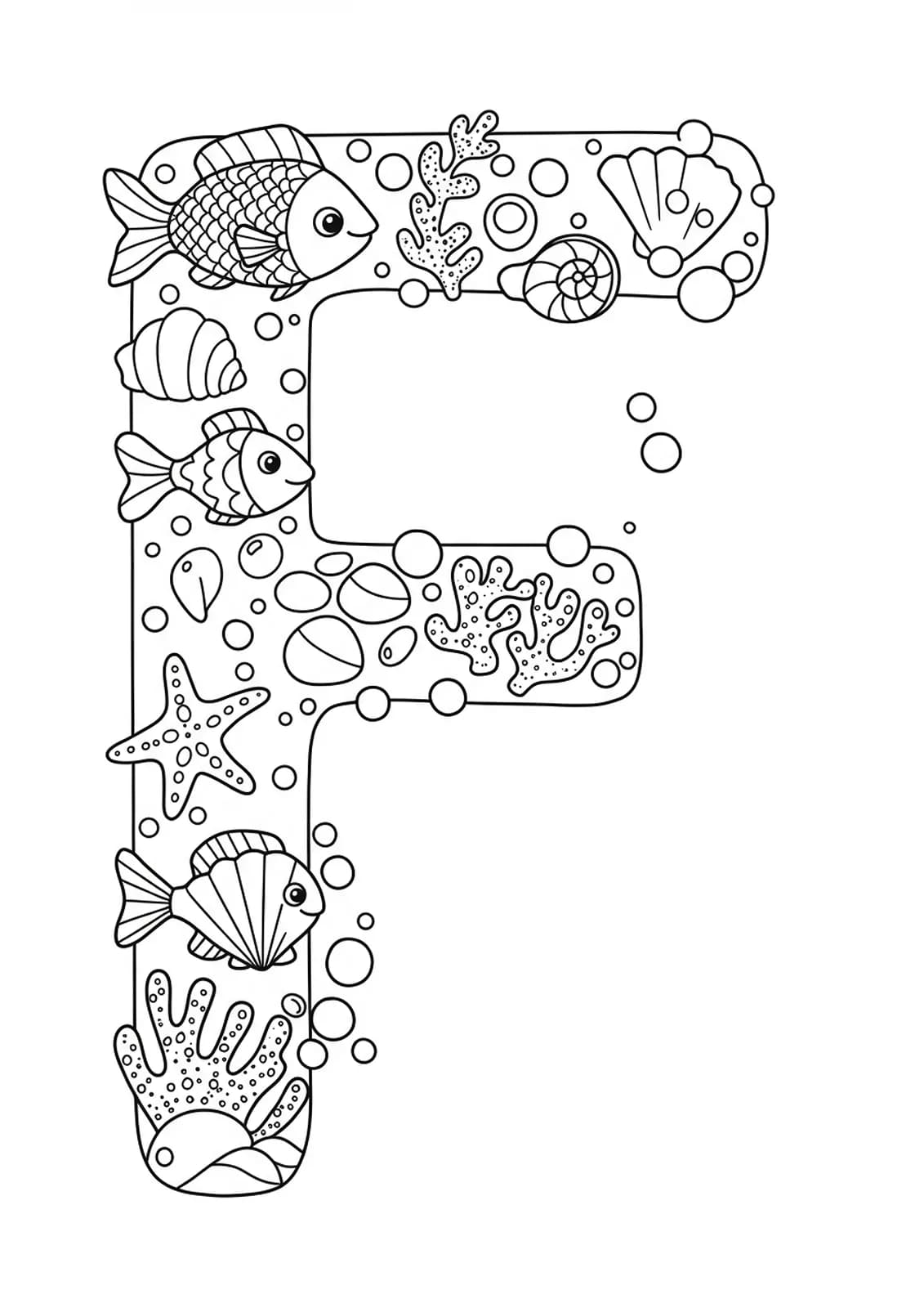 Letter F with fish, seashells, and bubbles in an underwater scene