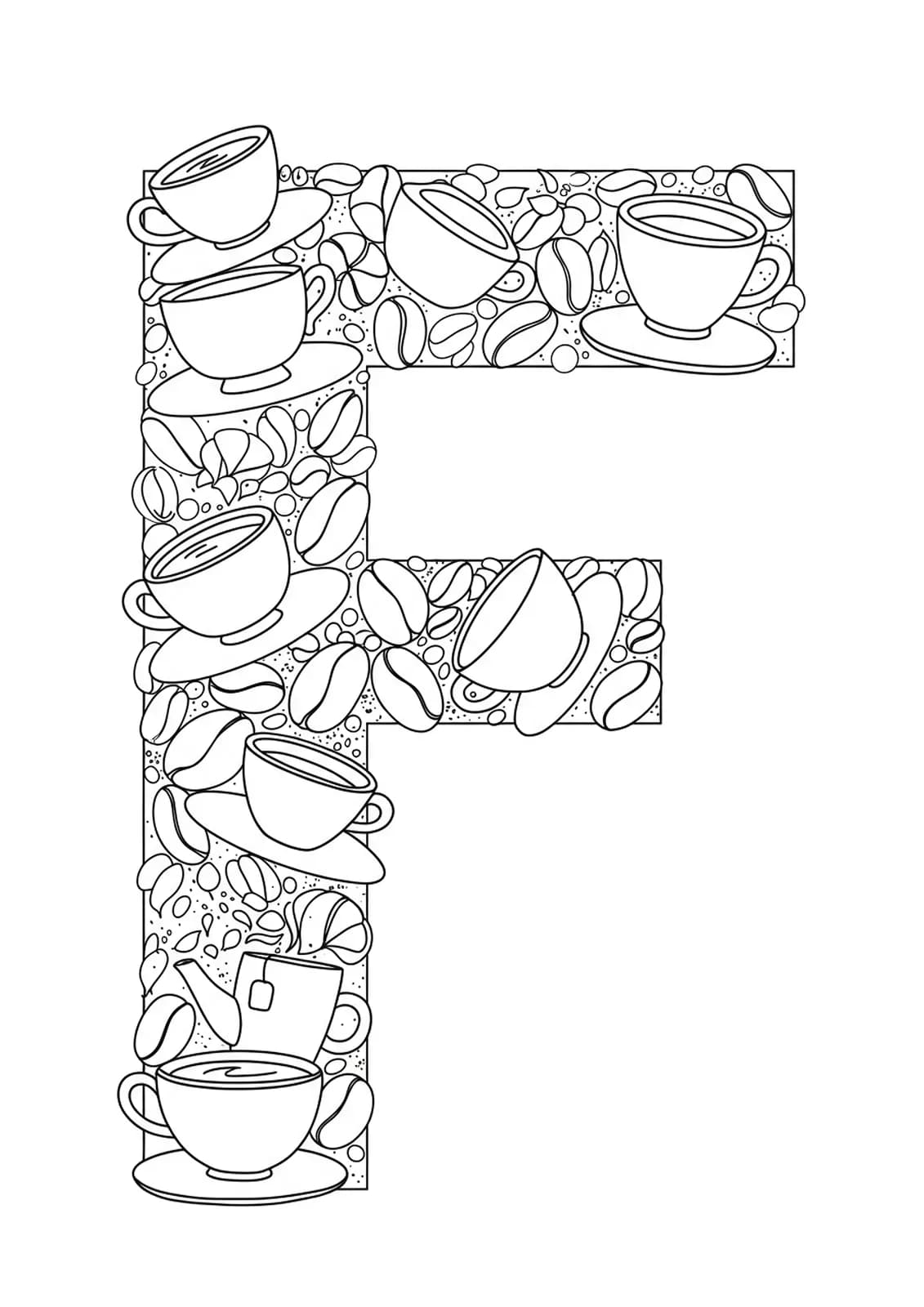 Letter F with simple coffee and tea cup outlines, easy coloring page for adults.