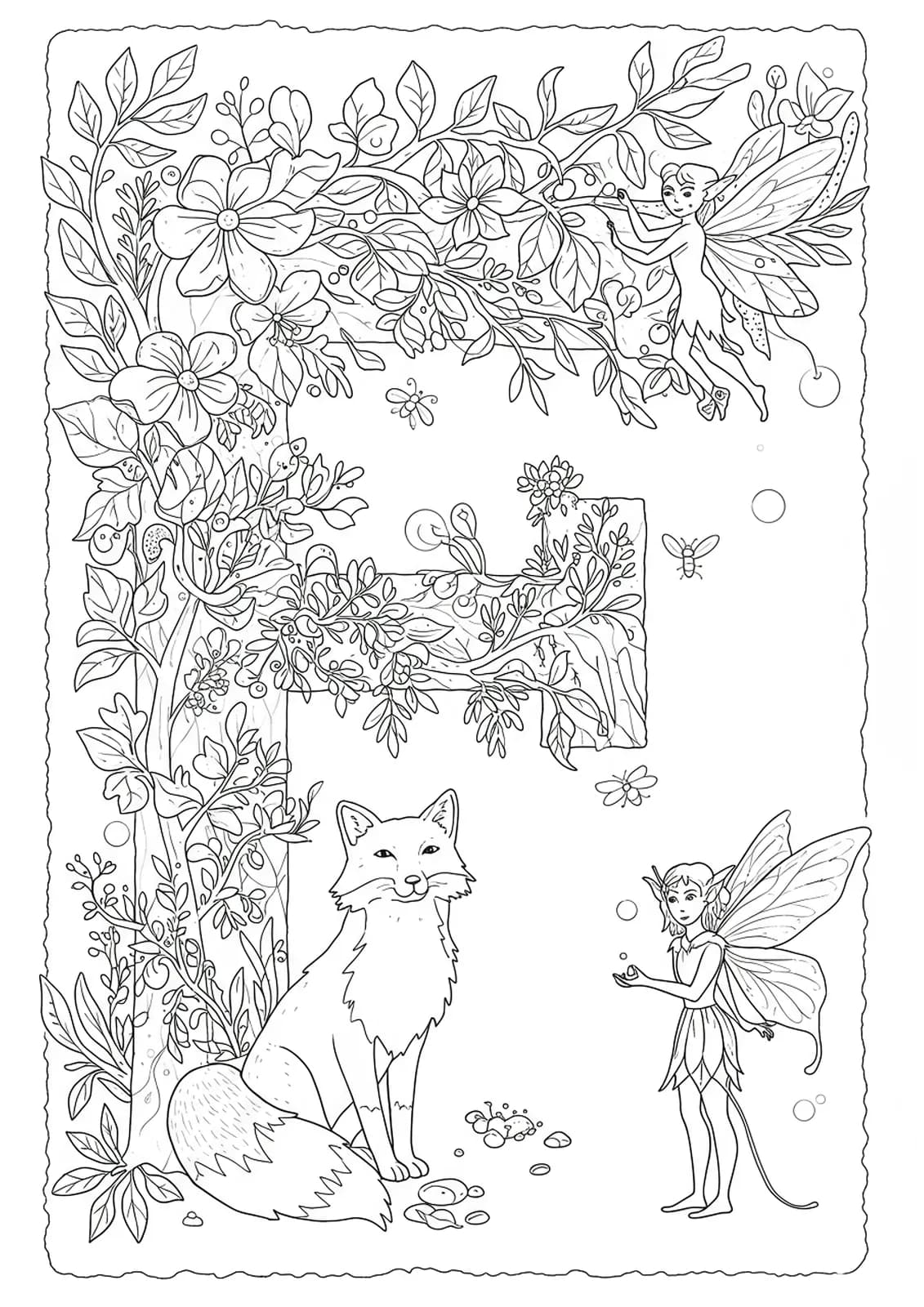 Letter F with mythical forest creatures such as foxes, faeries, and fireflies, set in a leafy woodland scene, medium detail line art