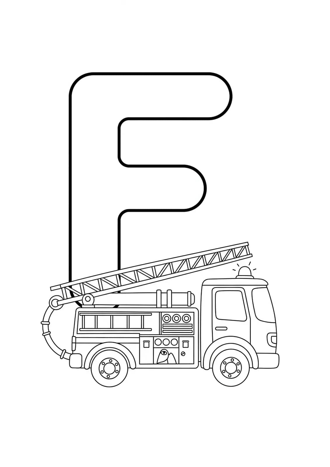 Letter F with a simple, cartoon-style firetruck for preschool coloring.