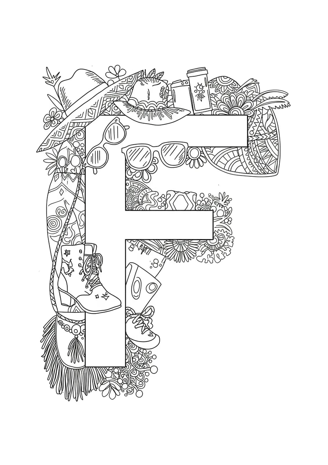 Letter F surrounded by festival fashion items like hats, sunglasses, boots, and bags, medium detailed line art