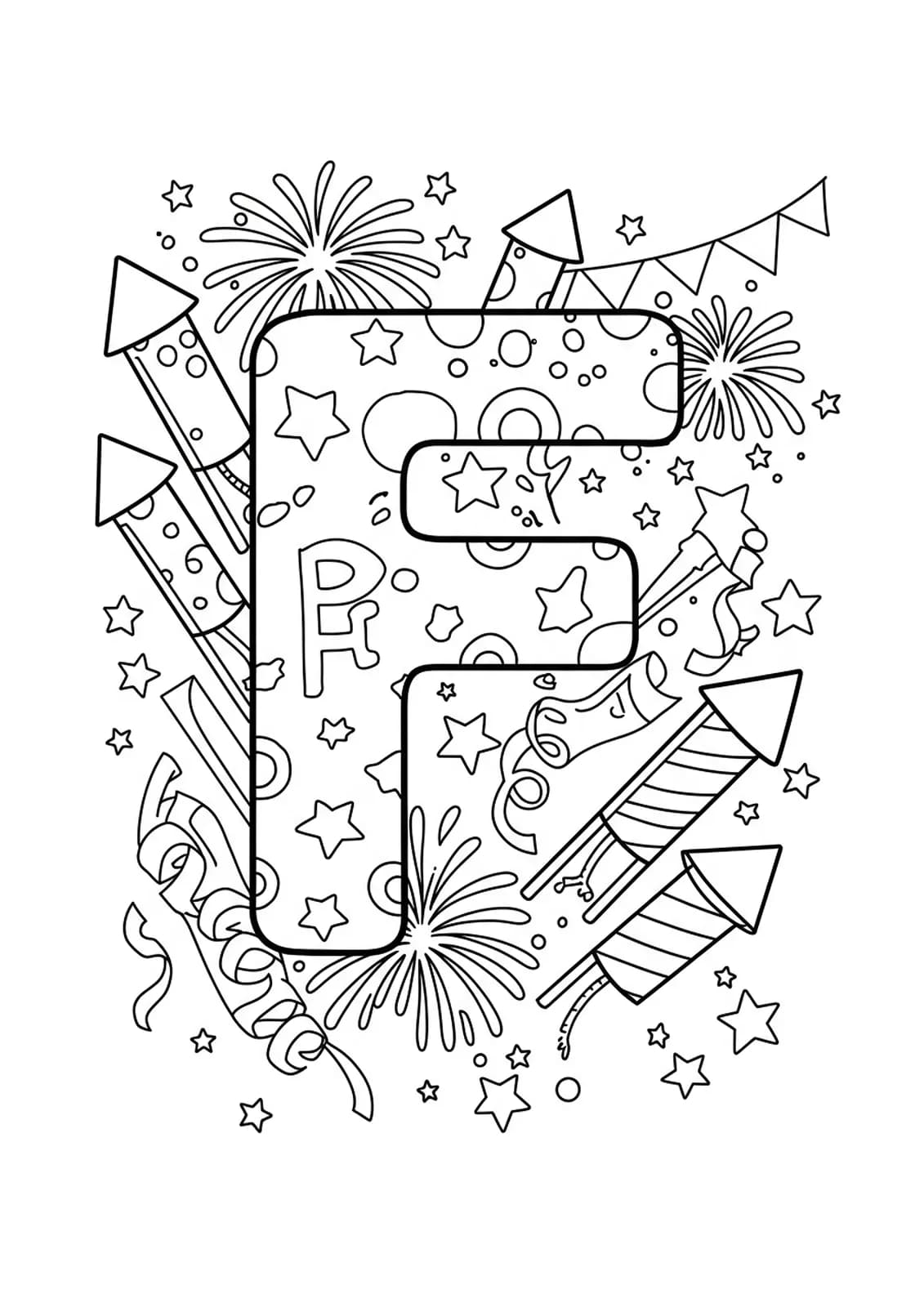 Free letter F coloring page with fireworks and festive celebration elements for preschool