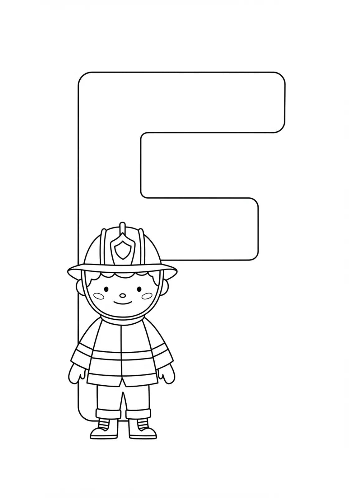 Letter F with a simple firefighter cartoon character for easy preschool coloring.
