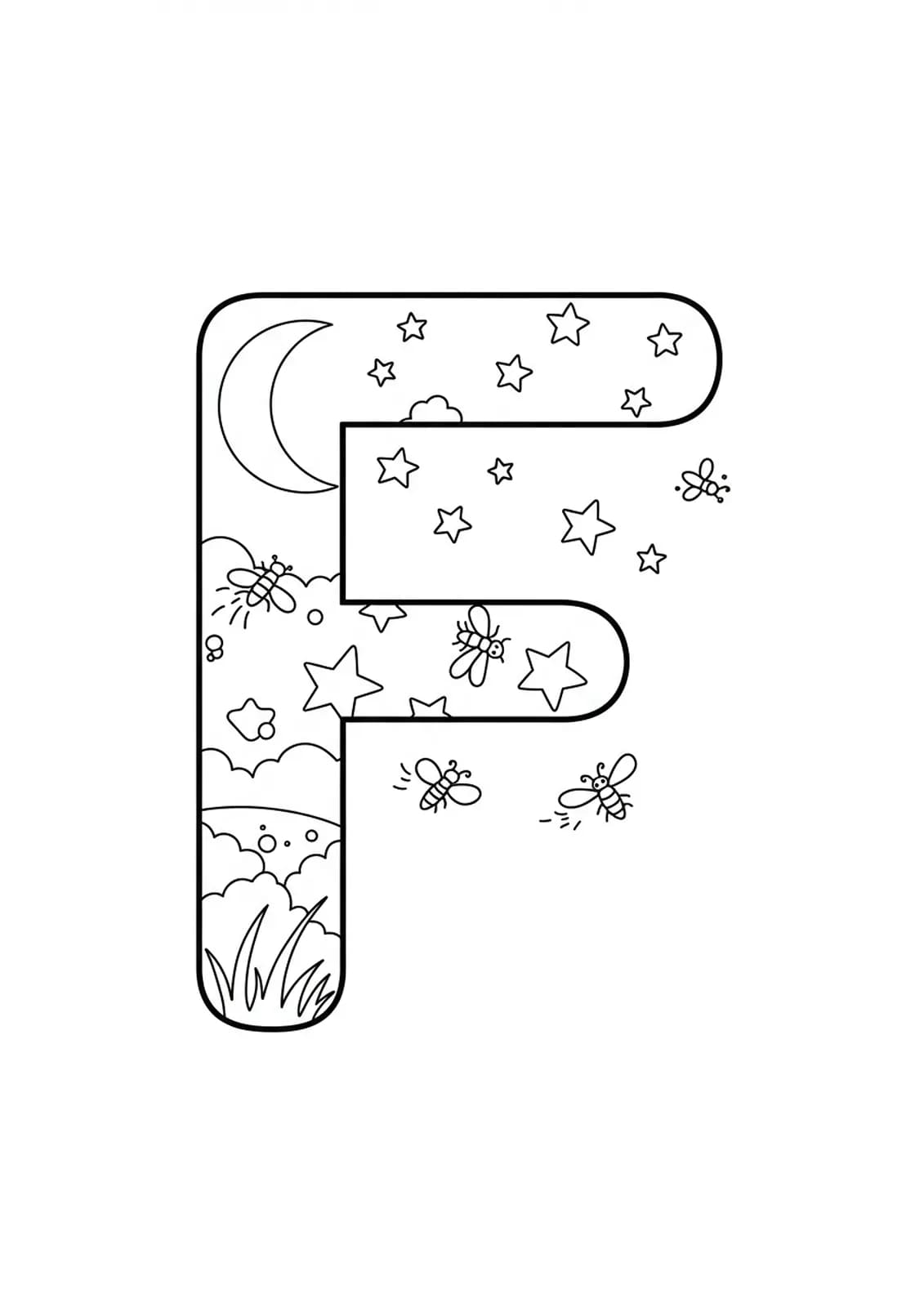 Printable letter F coloring page with fireflies, moon, and stars for preschool