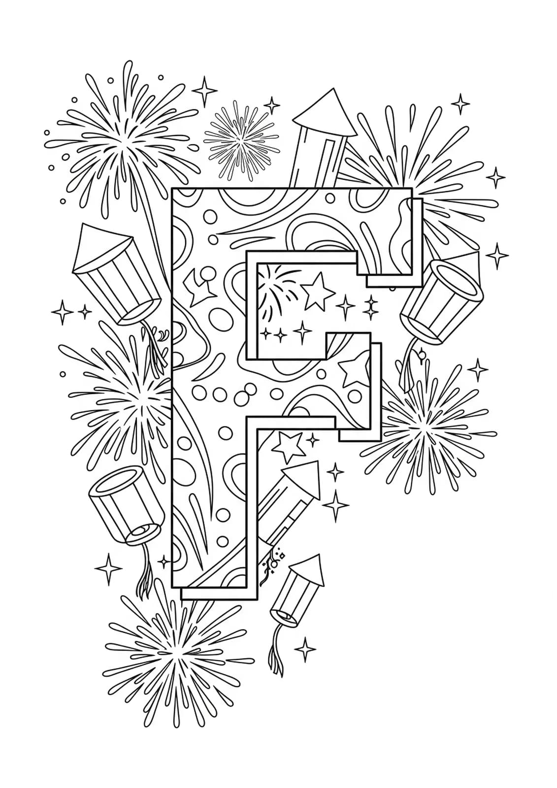 Letter F decorated with medium-detail fireworks bursts, festival lanterns, and sparkling stars, black and white line art