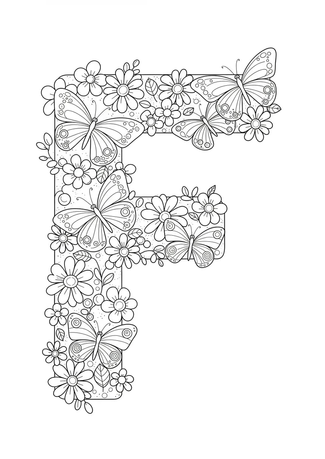 Letter F with butterflies and flowers for easy coloring