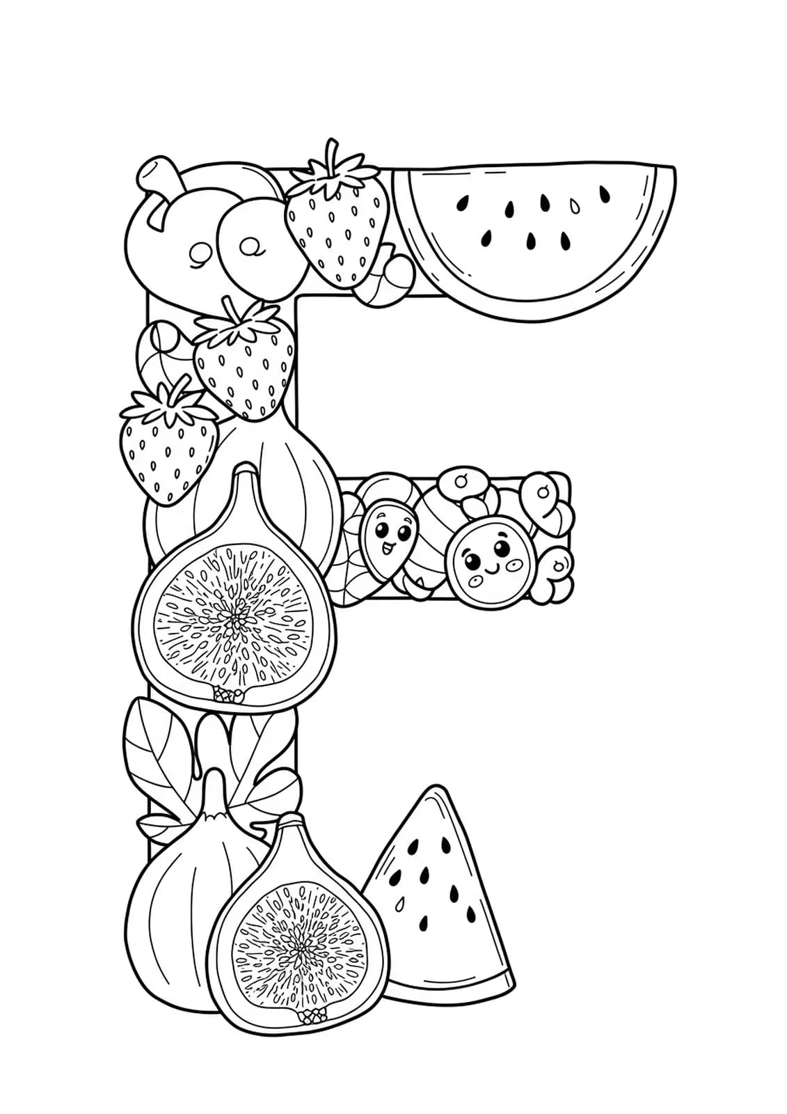 Printable letter F coloring page with figs, strawberries, and watermelon for preschool