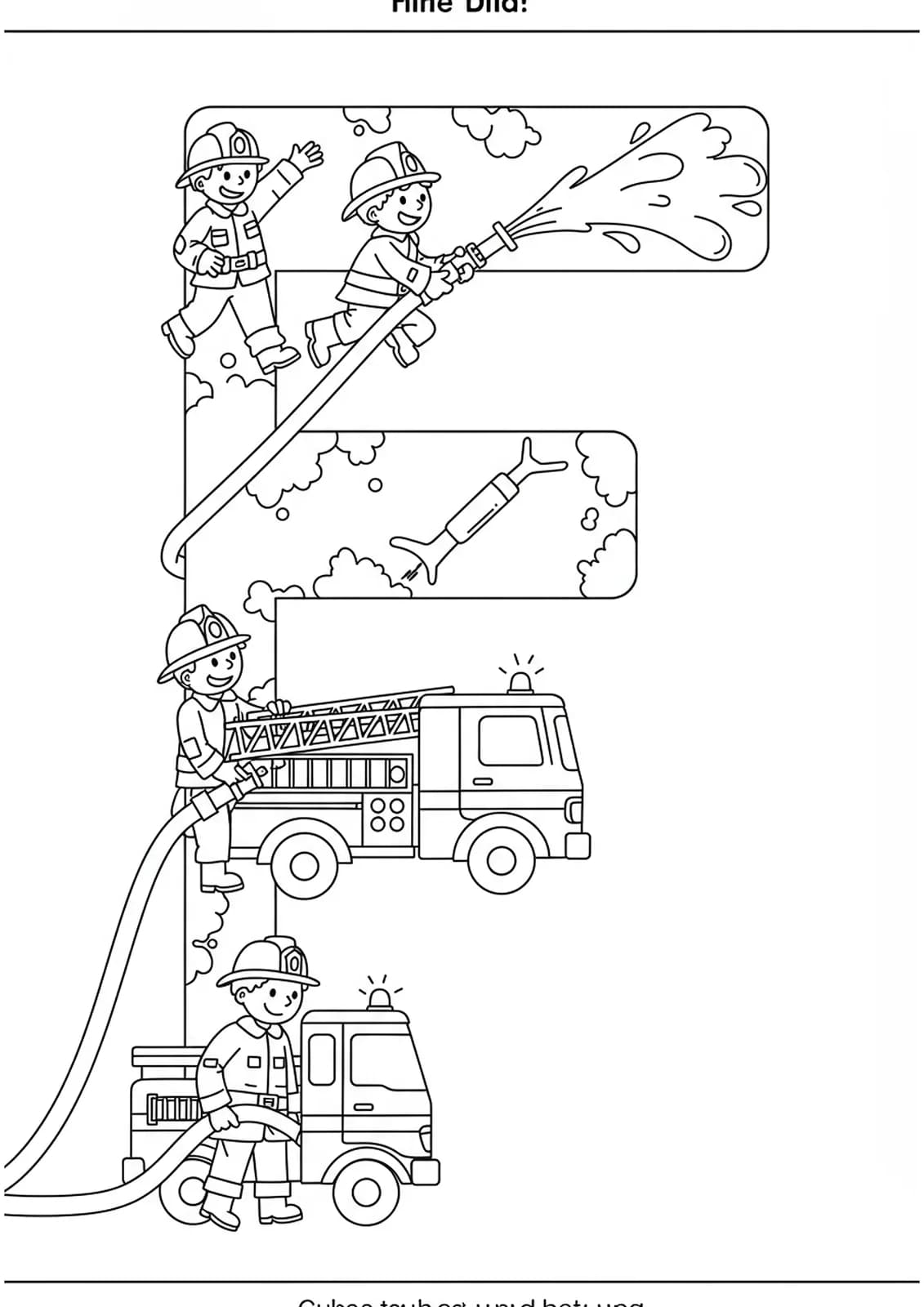 Letter F coloring page with firefighters, fire truck, and hose for preschool