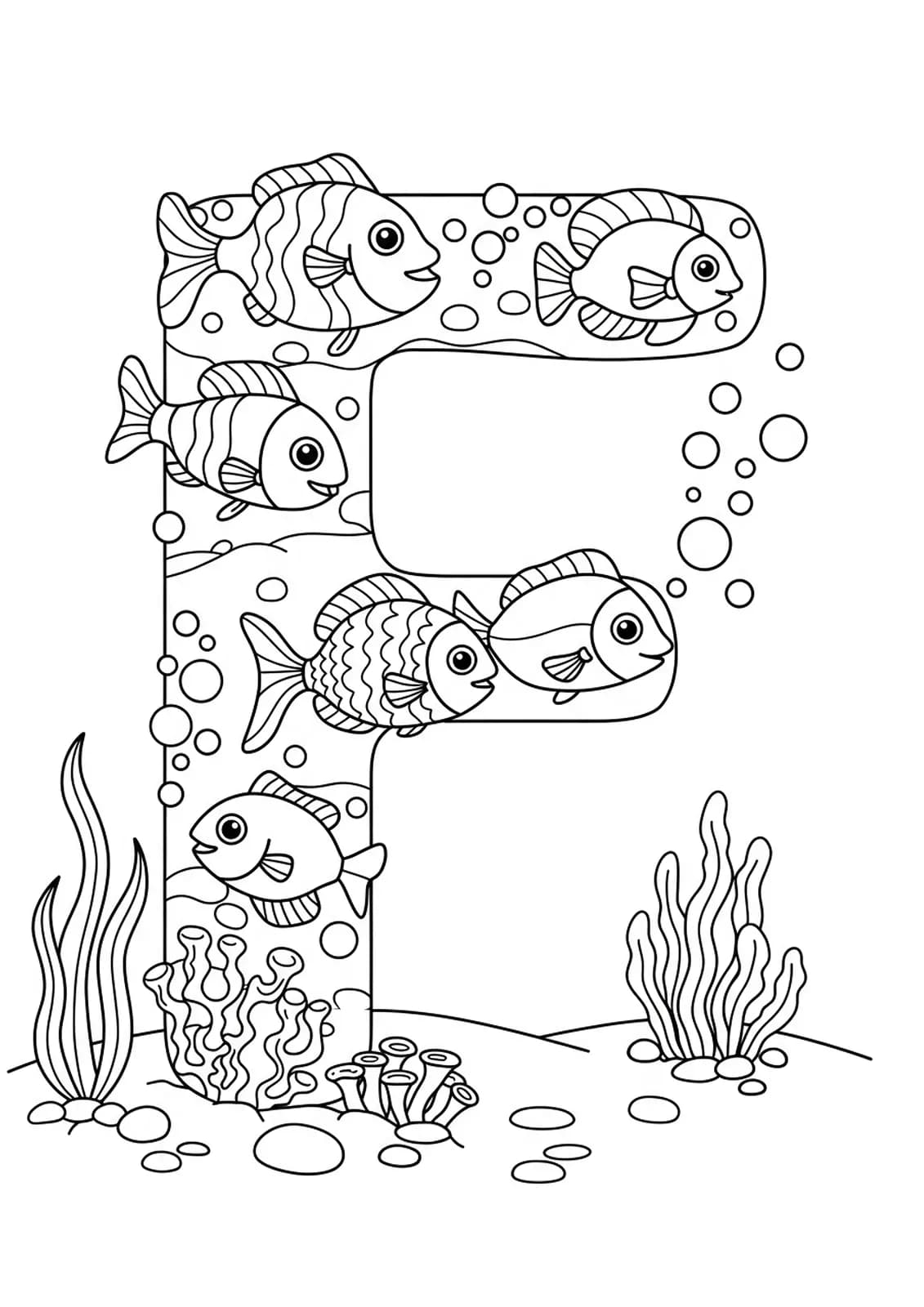 Letter F coloring page with fish, seaweed, and bubbles underwater for preschool