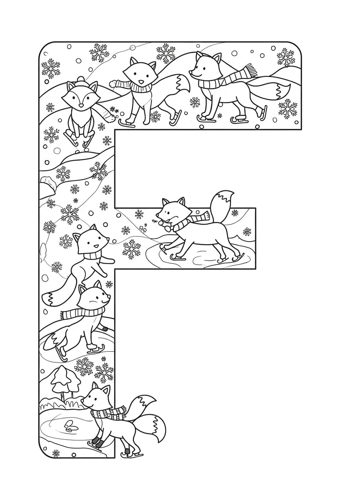 Letter F with ice-skating foxes and snowflakes for coloring