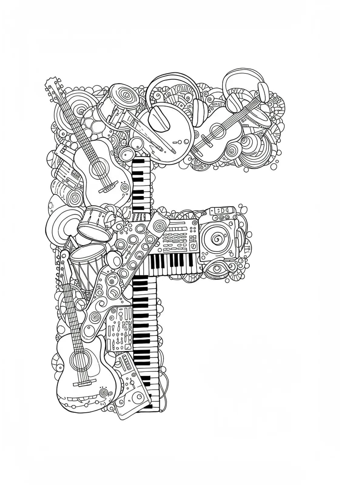 Letter F surrounded by musical instruments like guitars, drums, keyboards, and headphones, medium detail black and white line art