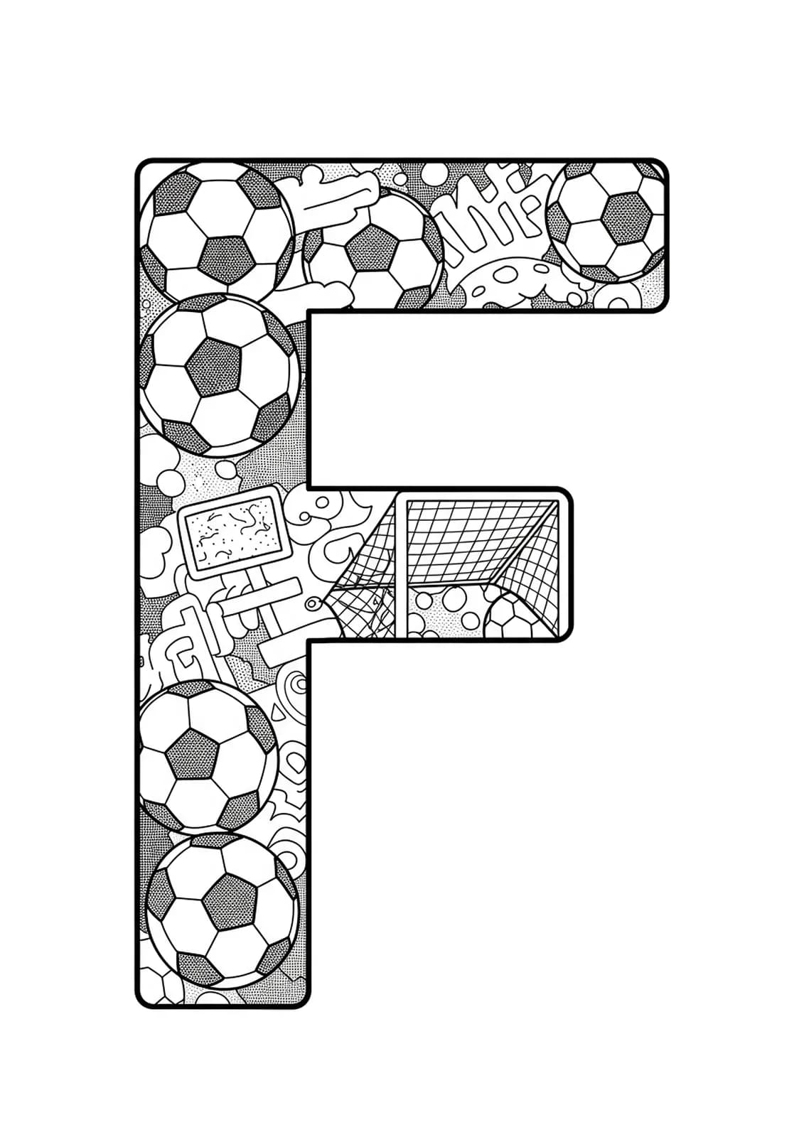 Letter F with street art graffiti effects, soccer balls, and goalposts, all in medium detail black and white line art