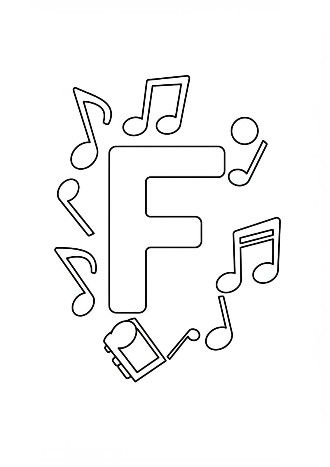 Letter F coloring page with music notes, simple outlines for adults.