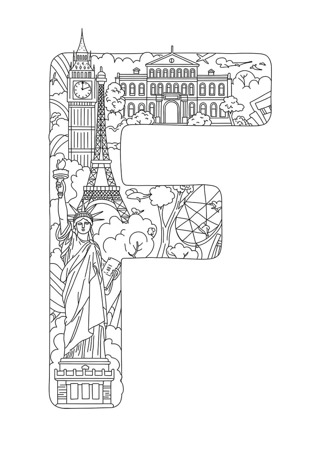Letter F with iconic travel landmarks in simple outlines, easy adult coloring page.