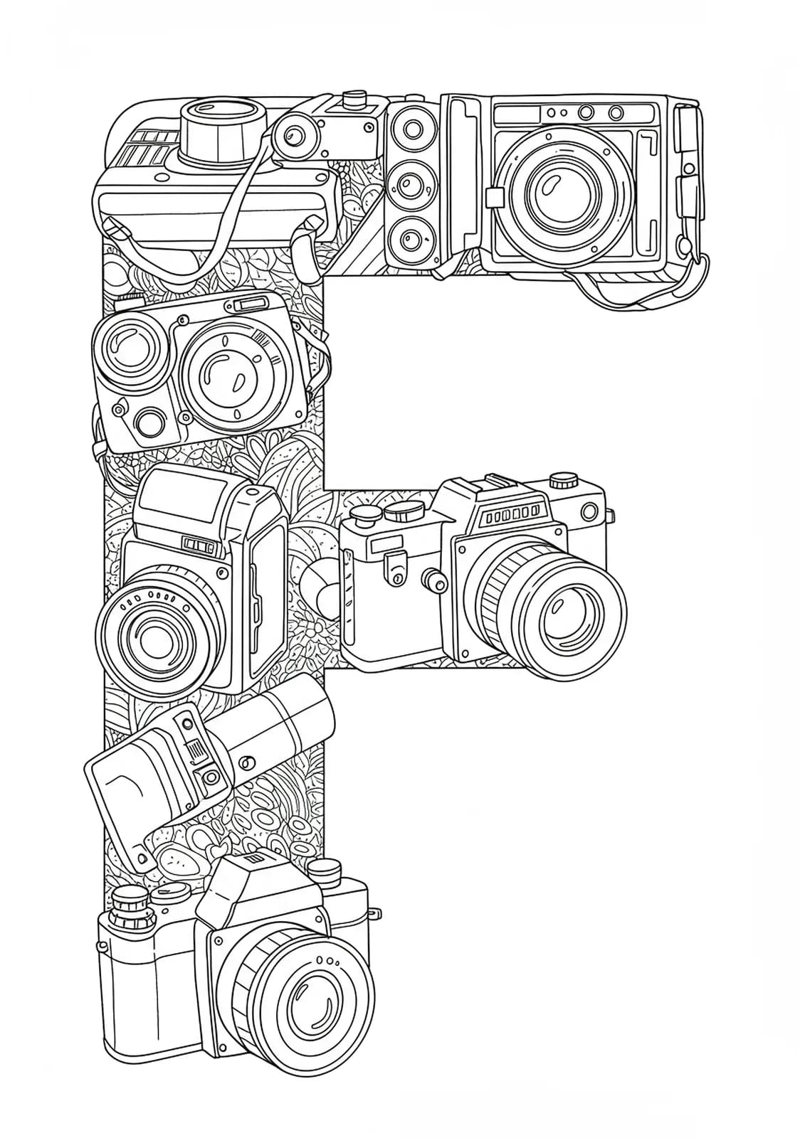 Letter F with vintage camera outlines, easy adult coloring page.