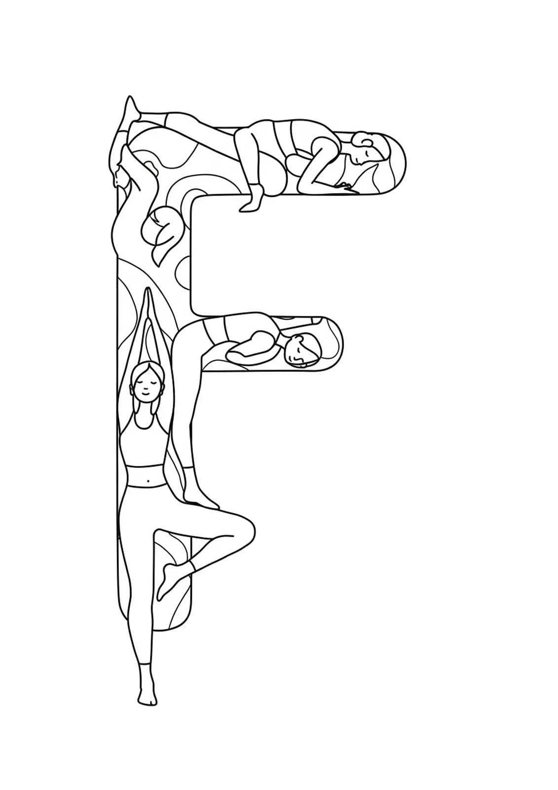 Letter F with simple yoga pose outlines, easy adult coloring page.