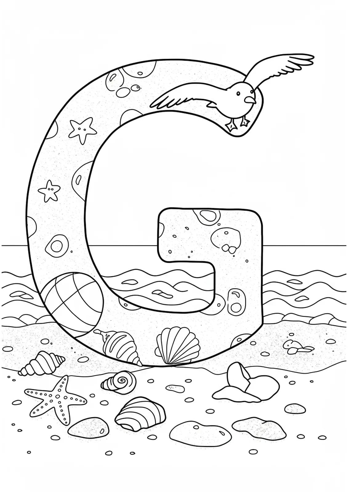 Letter G coloring page with seashells, seagull, and waves at the beach.