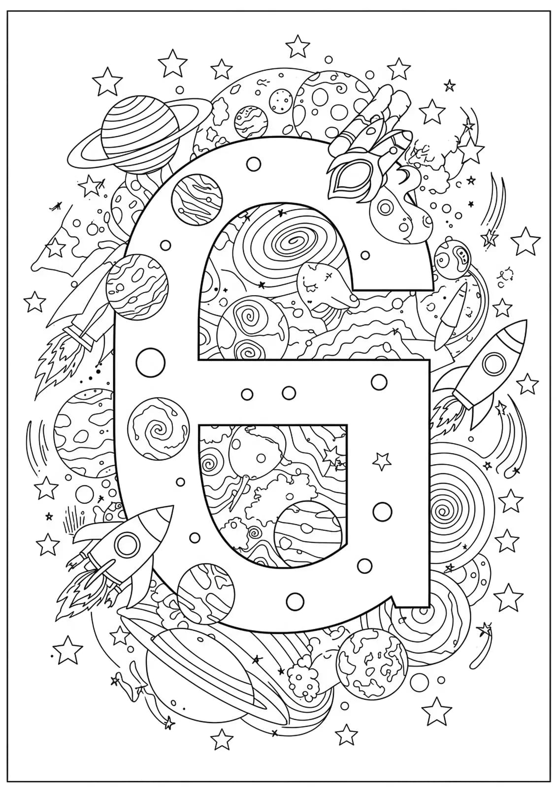 Space-themed letter G coloring page with intricate planets, rockets, and stars