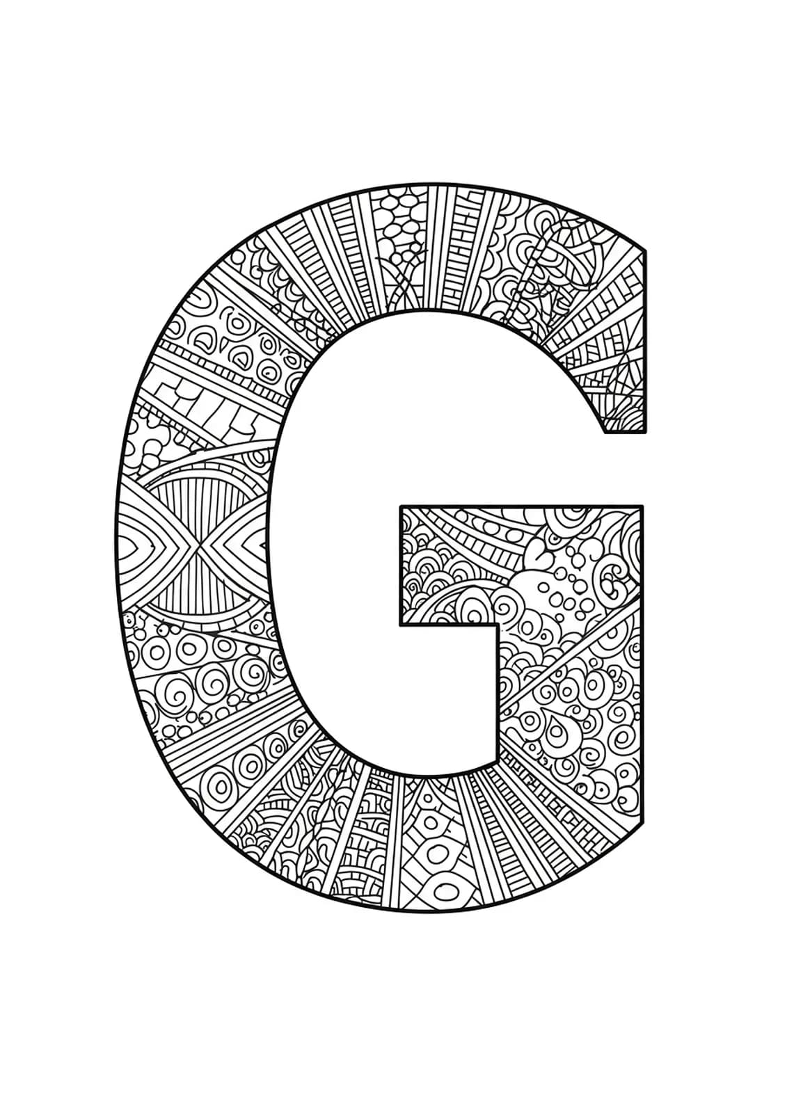 Easy geometric patterned letter G coloring page for teens.