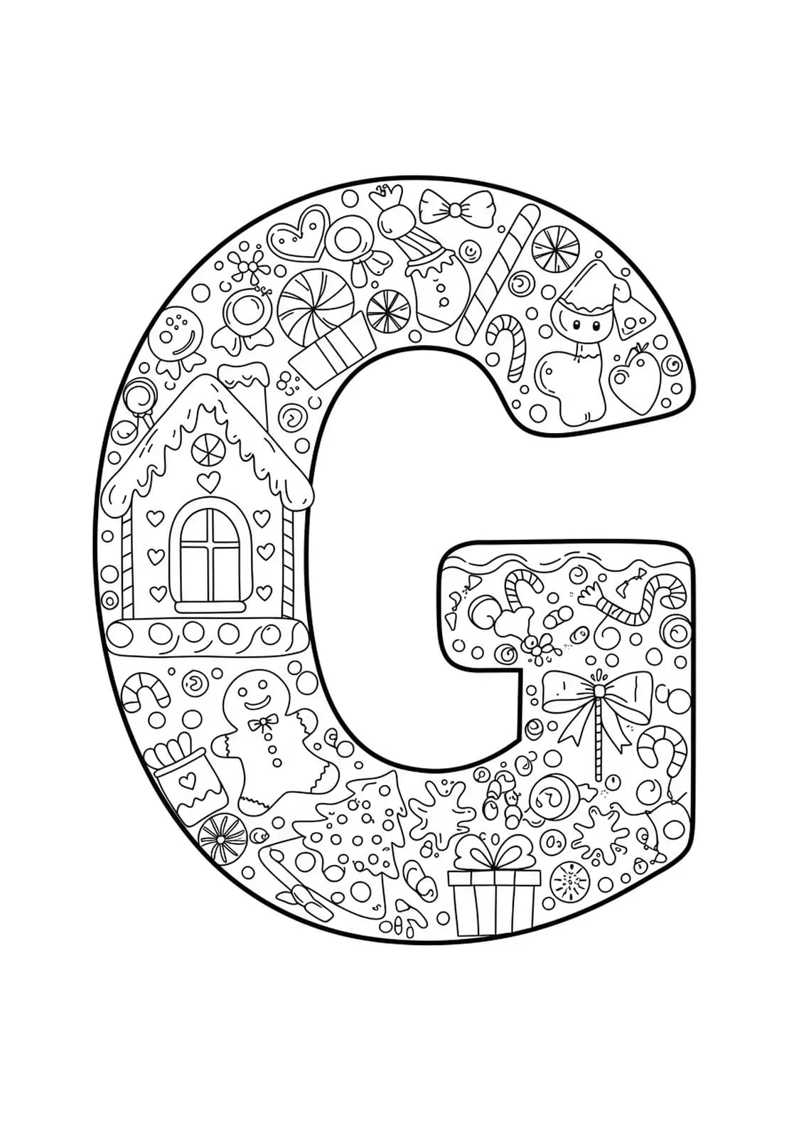 Christmas-themed letter G coloring page with detailed gingerbread house, candy, and decorations