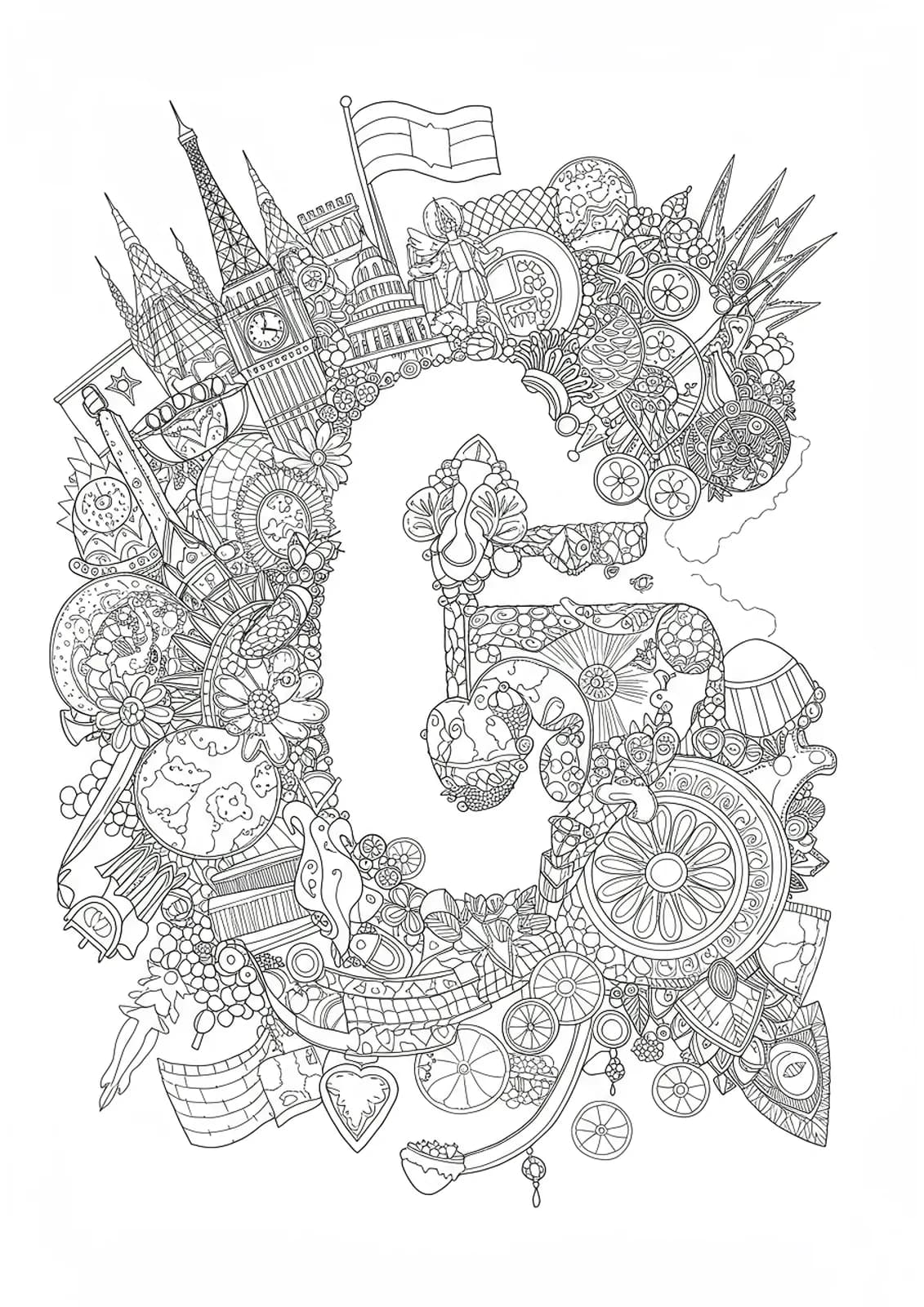 Complex scene with cultural symbols, landmarks, and letter G, hard coloring for elementary kids.