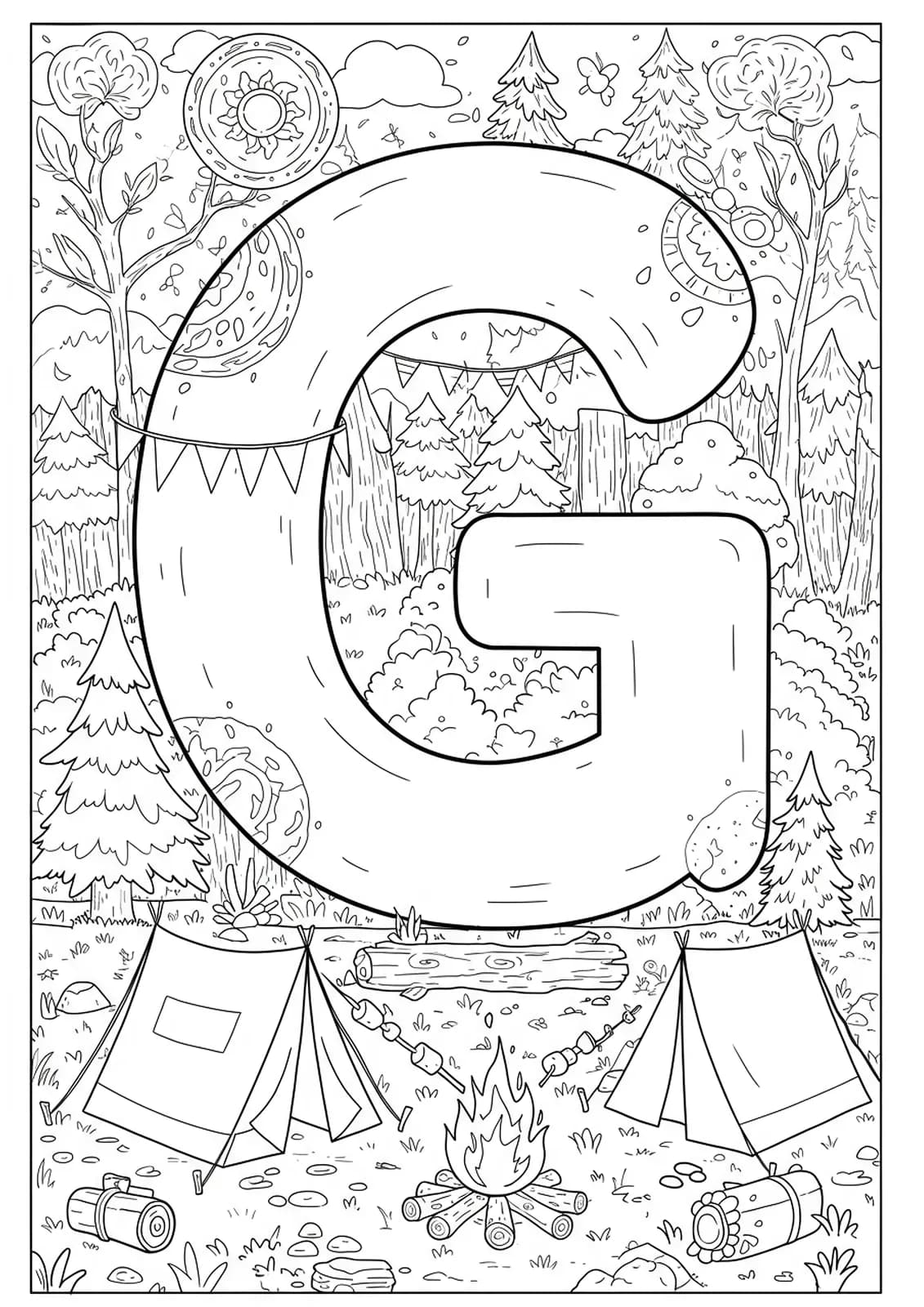 Camping-themed letter G coloring page with tents, campfire, trees, and marshmallows