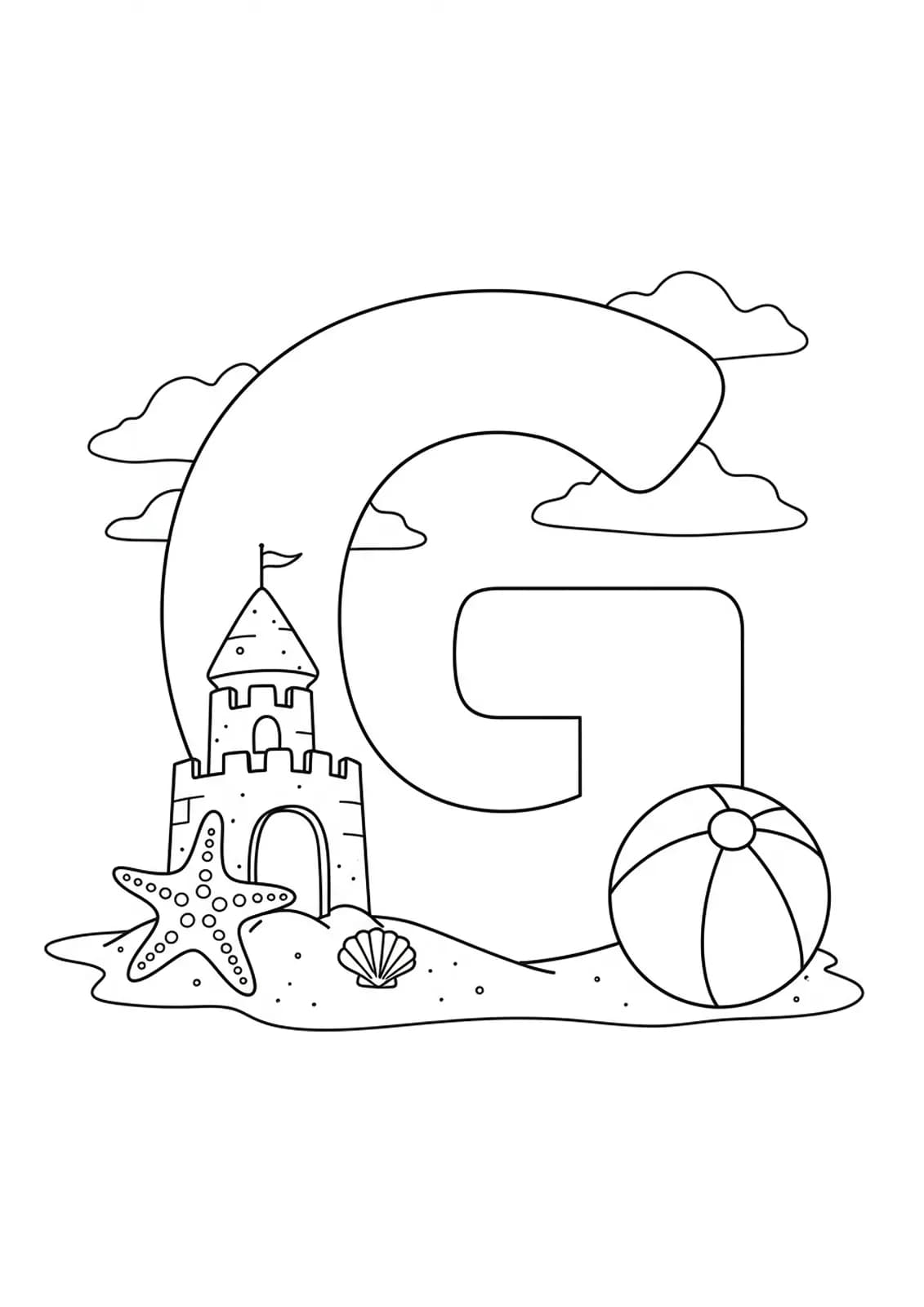 Letter G at the beach with sandcastle, starfish, and beach ball.