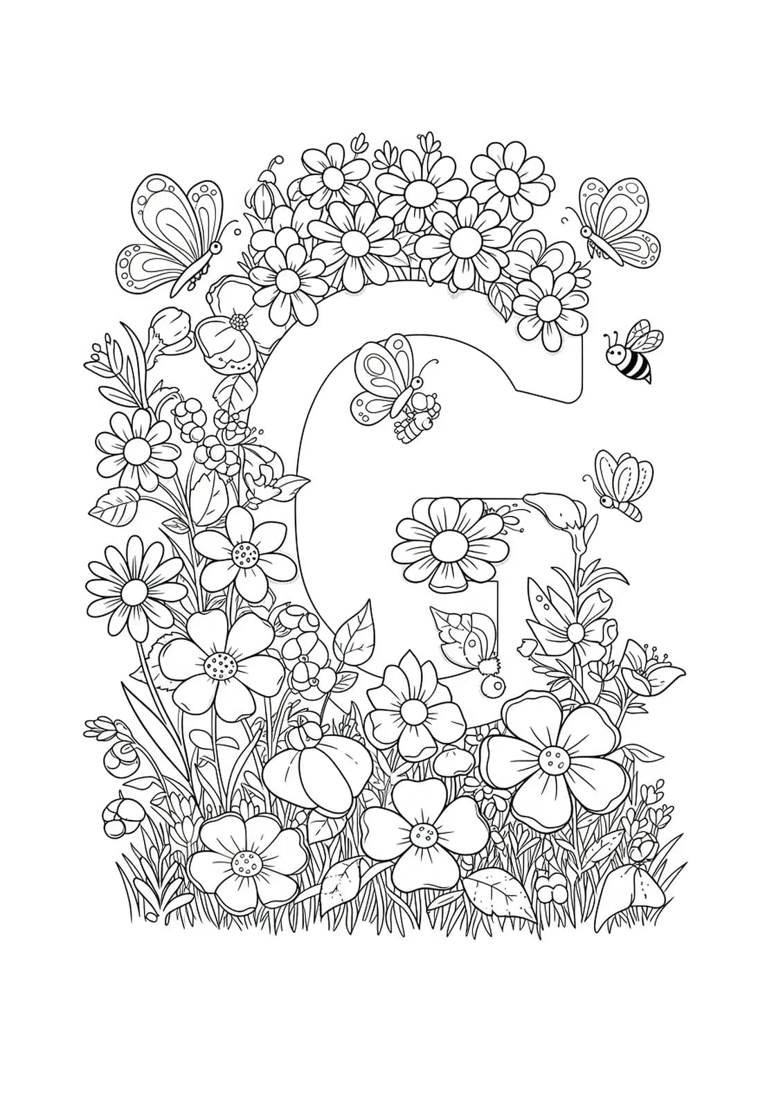Letter G coloring page with flowers, butterflies, and bees in a garden setting.