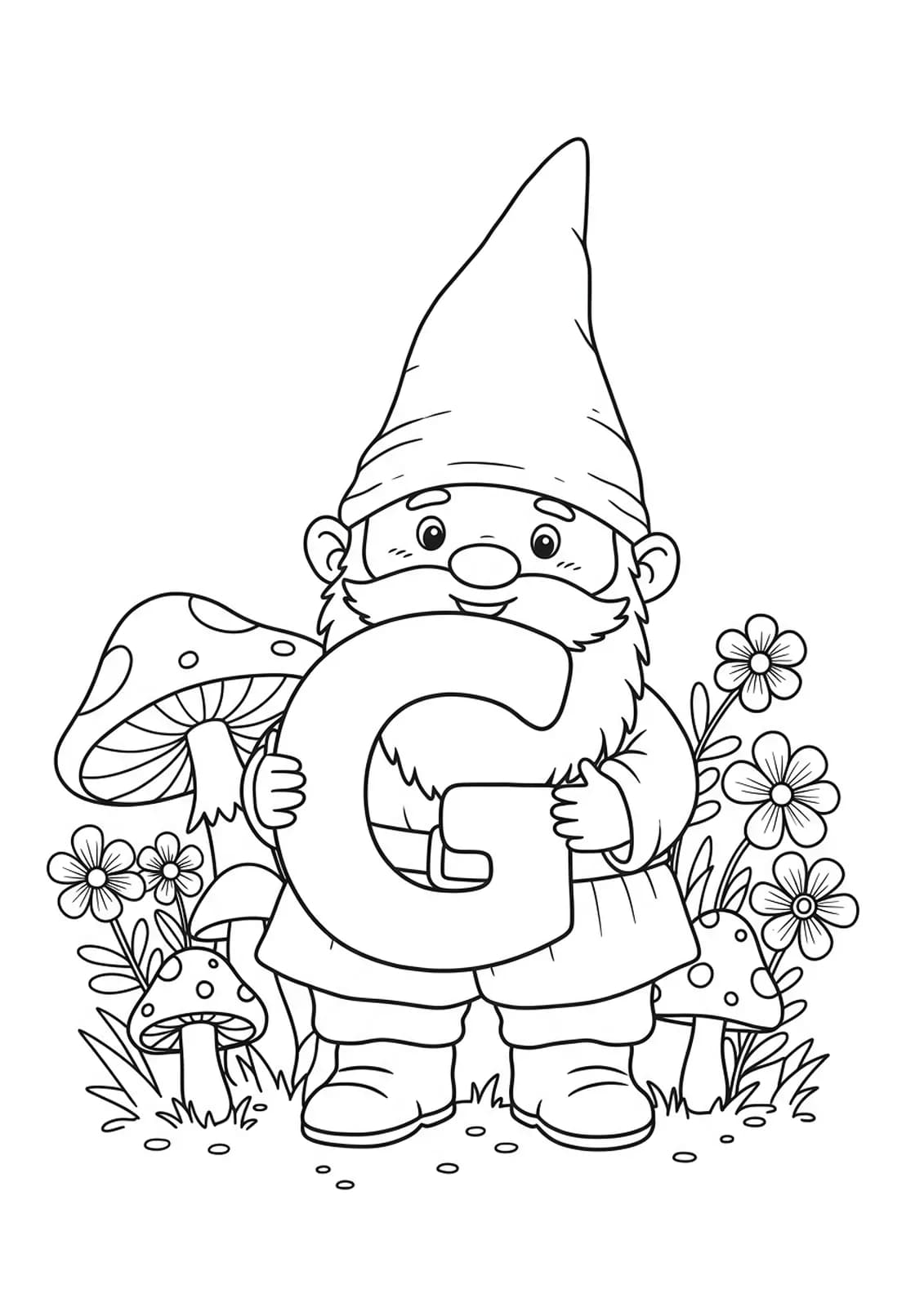 Letter G coloring page with a smiling garden gnome, mushrooms, and flowers.