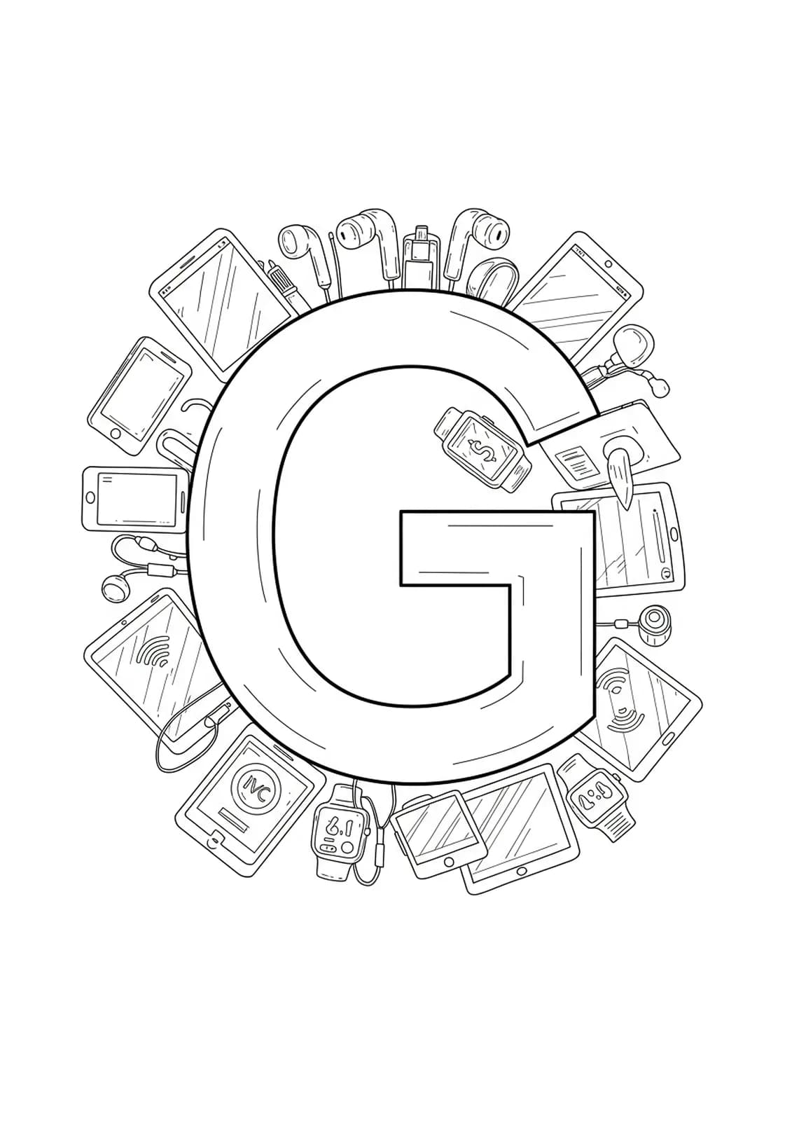 Letter G decorated with smart gadgets like phones, earbuds, tablets, and watches.