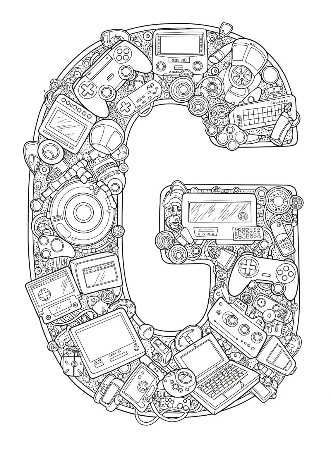 Letter G covered with small pixel art icons, gaming controllers, and retro console details.