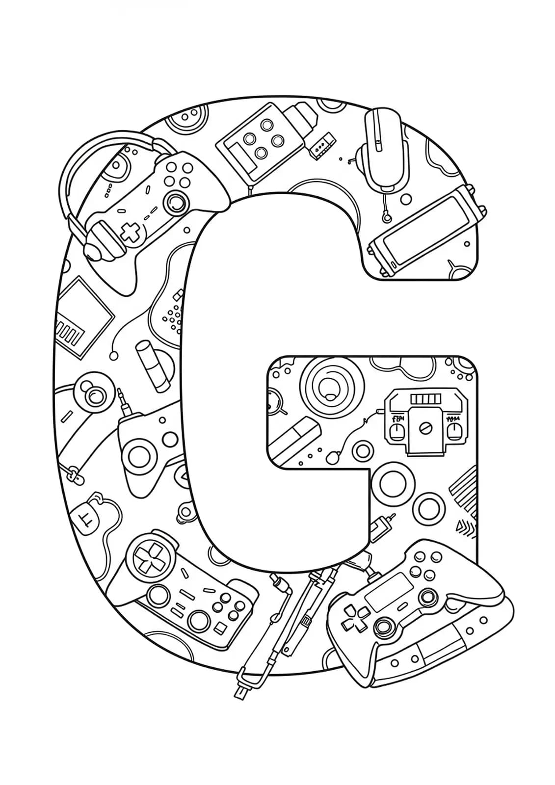 Letter G surrounded by gaming controllers, a headset, console buttons, and pixel art icons.