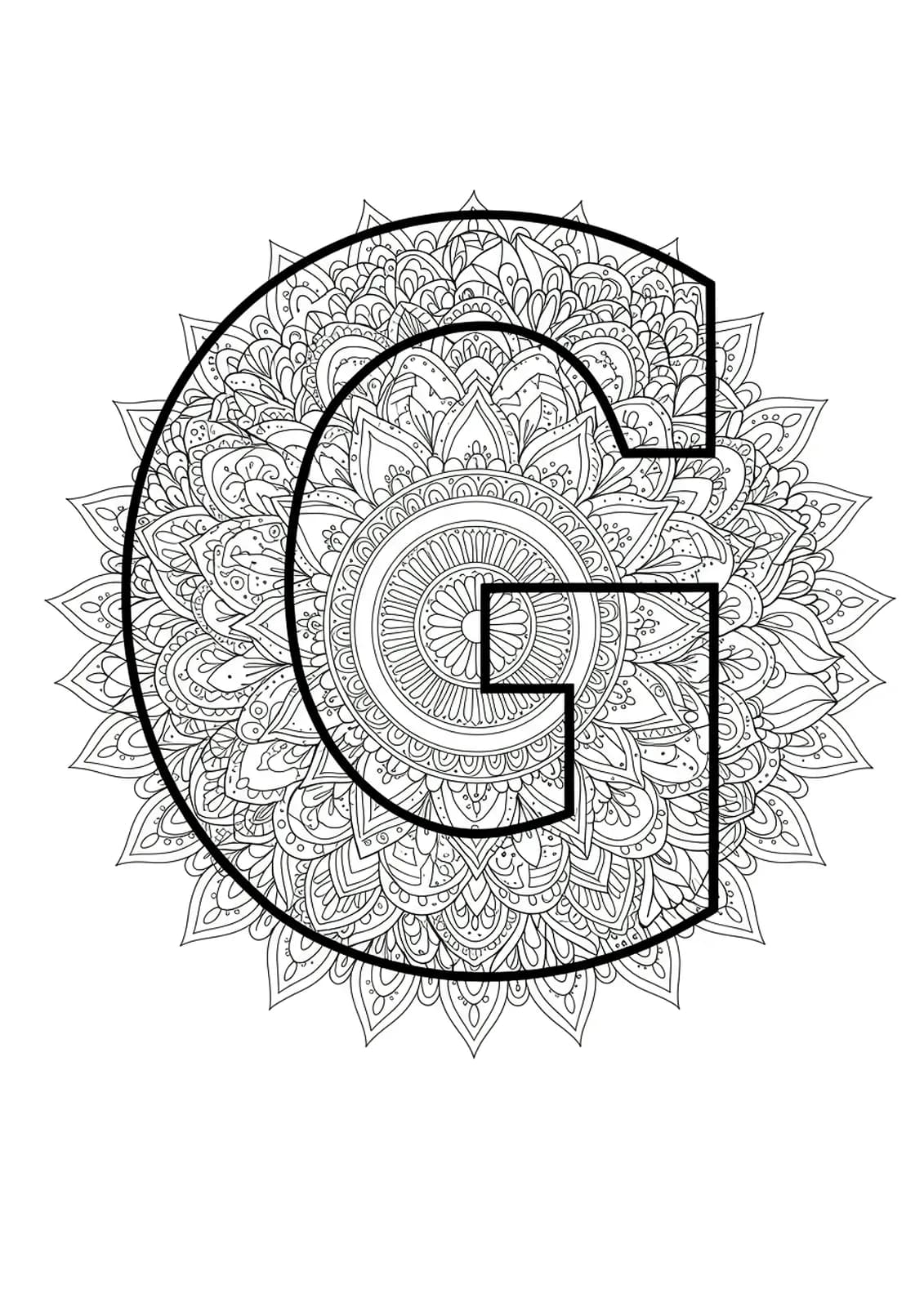 Letter G filled with geometric patterns and surrounded by mandala style motifs.