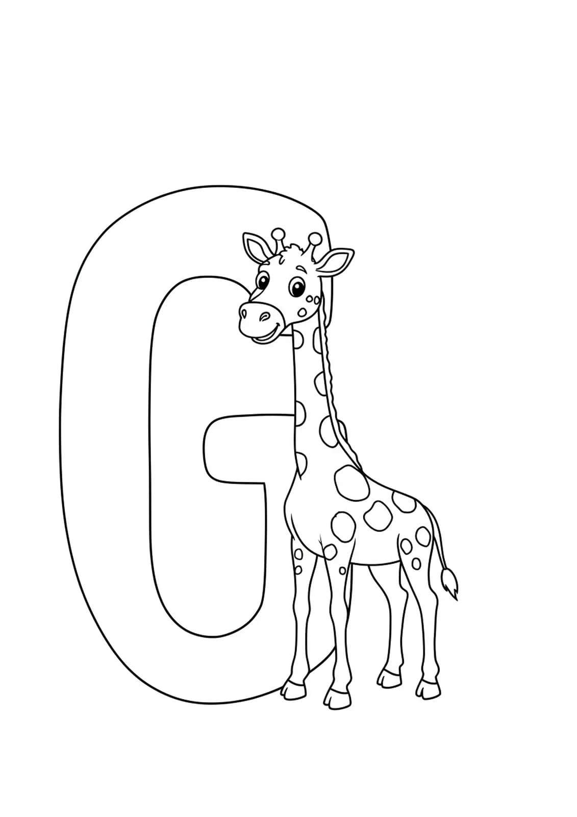 Outline of a big letter G with a smiling giraffe beside it, easy shapes for preschool coloring.