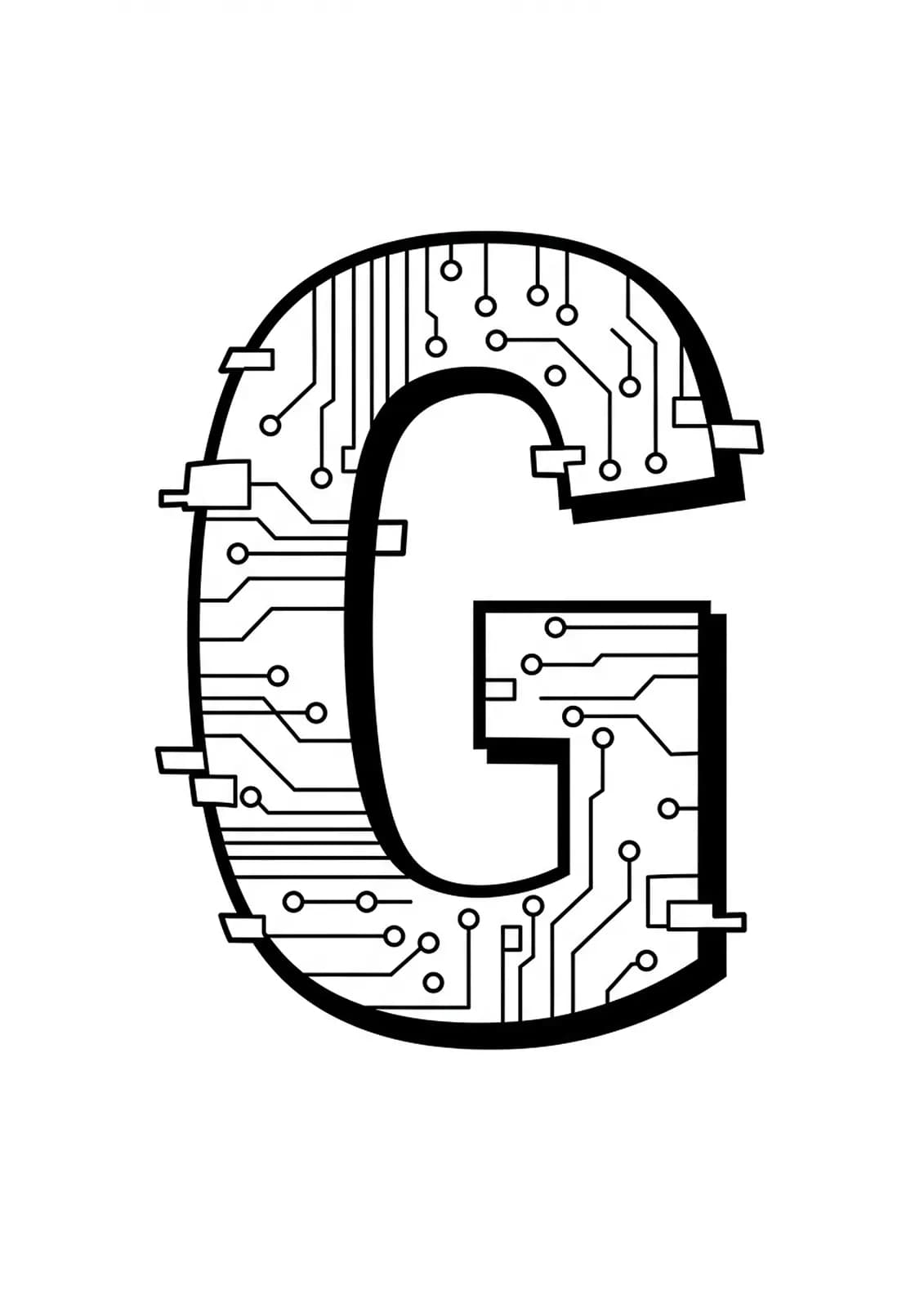Letter G designed with glitch art effects, pixel patterns, and circuit board motifs.