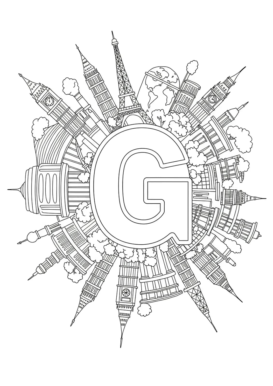Letter G surrounded by stylized outlines of global landmarks, suitable for medium-difficulty adult coloring.
