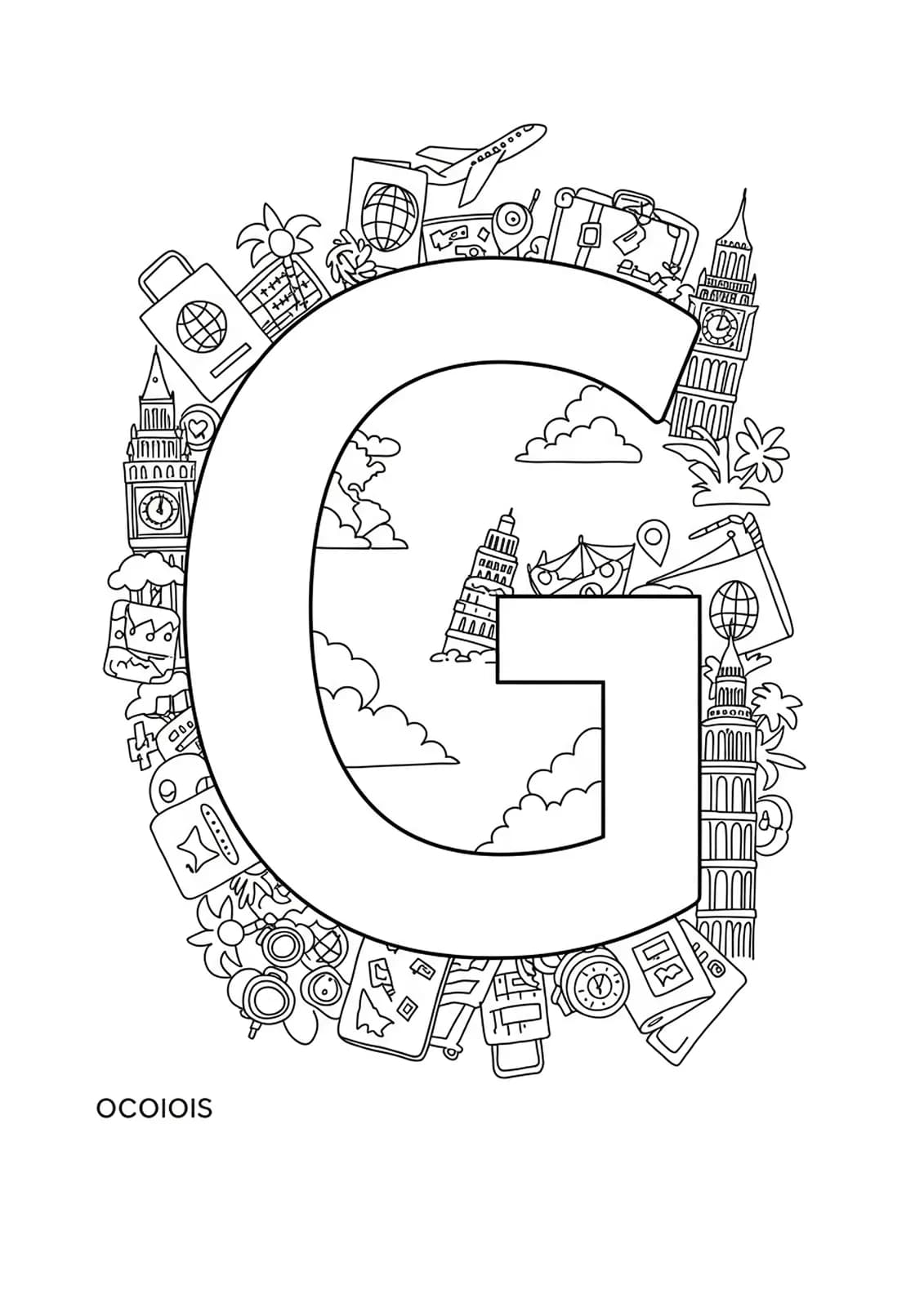 Letter G decorated with airplanes, passports, suitcases, and landmark icons like Eiffel Tower and Statue of Liberty.