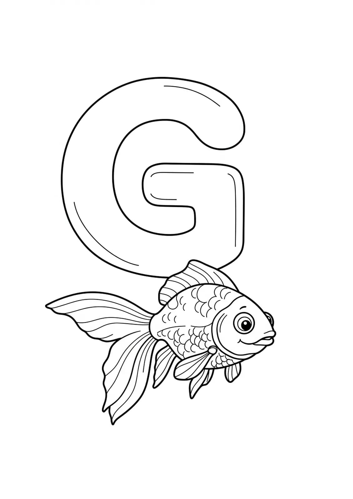 Large letter G with a smiling cartoon goldfish near it, simple outlines for preschool coloring.
