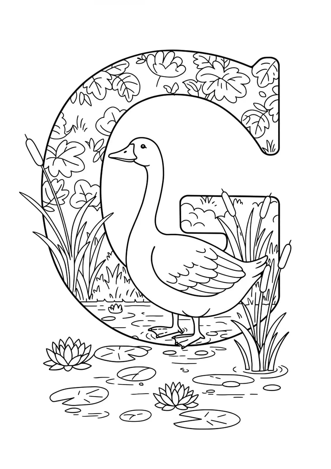 Outline drawing of the letter G with a goose, lily pads, reeds, and water beside a pond.