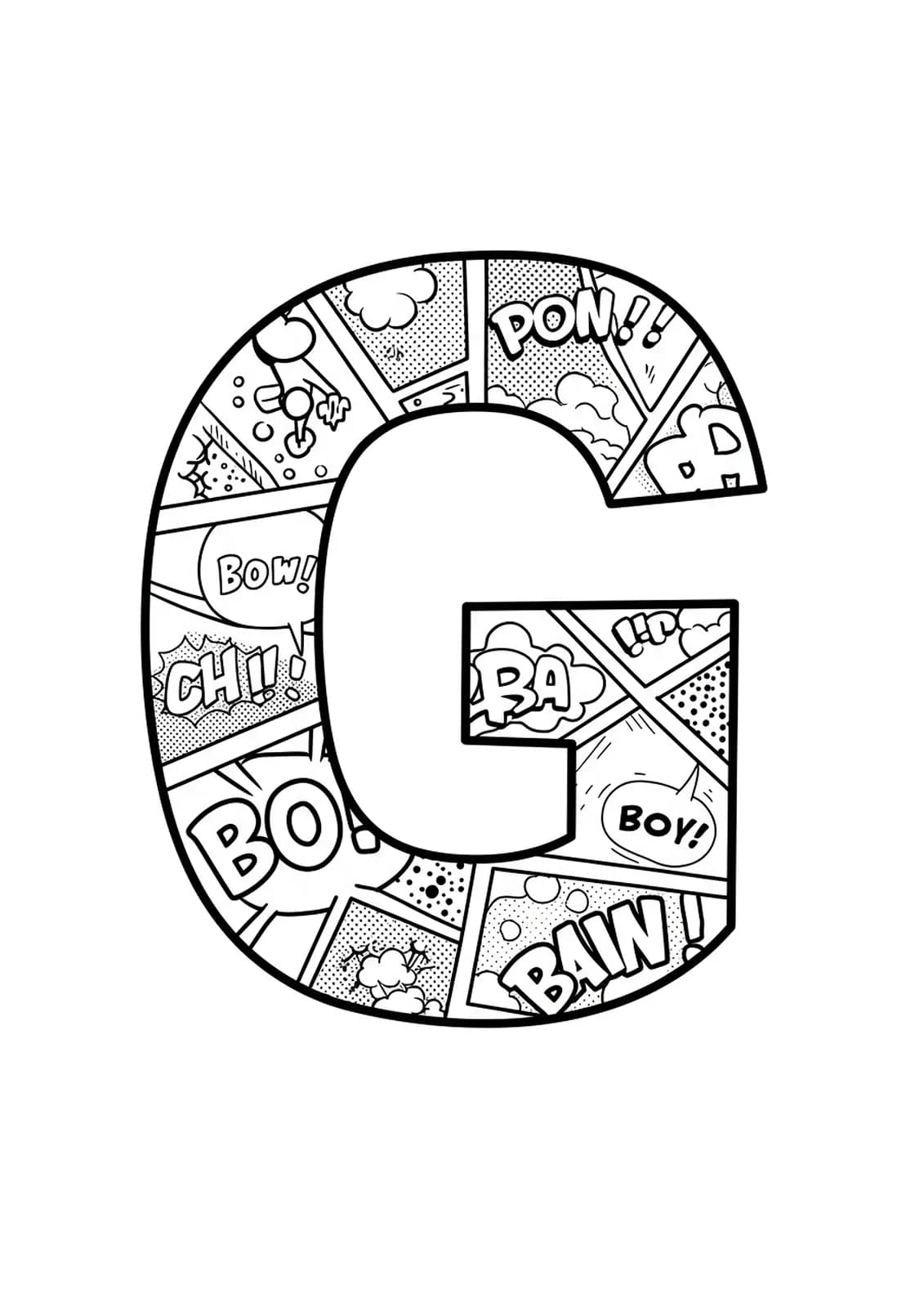 Letter G surrounded by comic book panels, speech bubbles, and comic-style action lines.