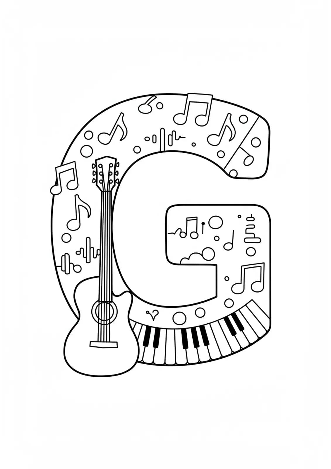 Outline drawing of the letter G with a guitar, musical notes, and sound waves.