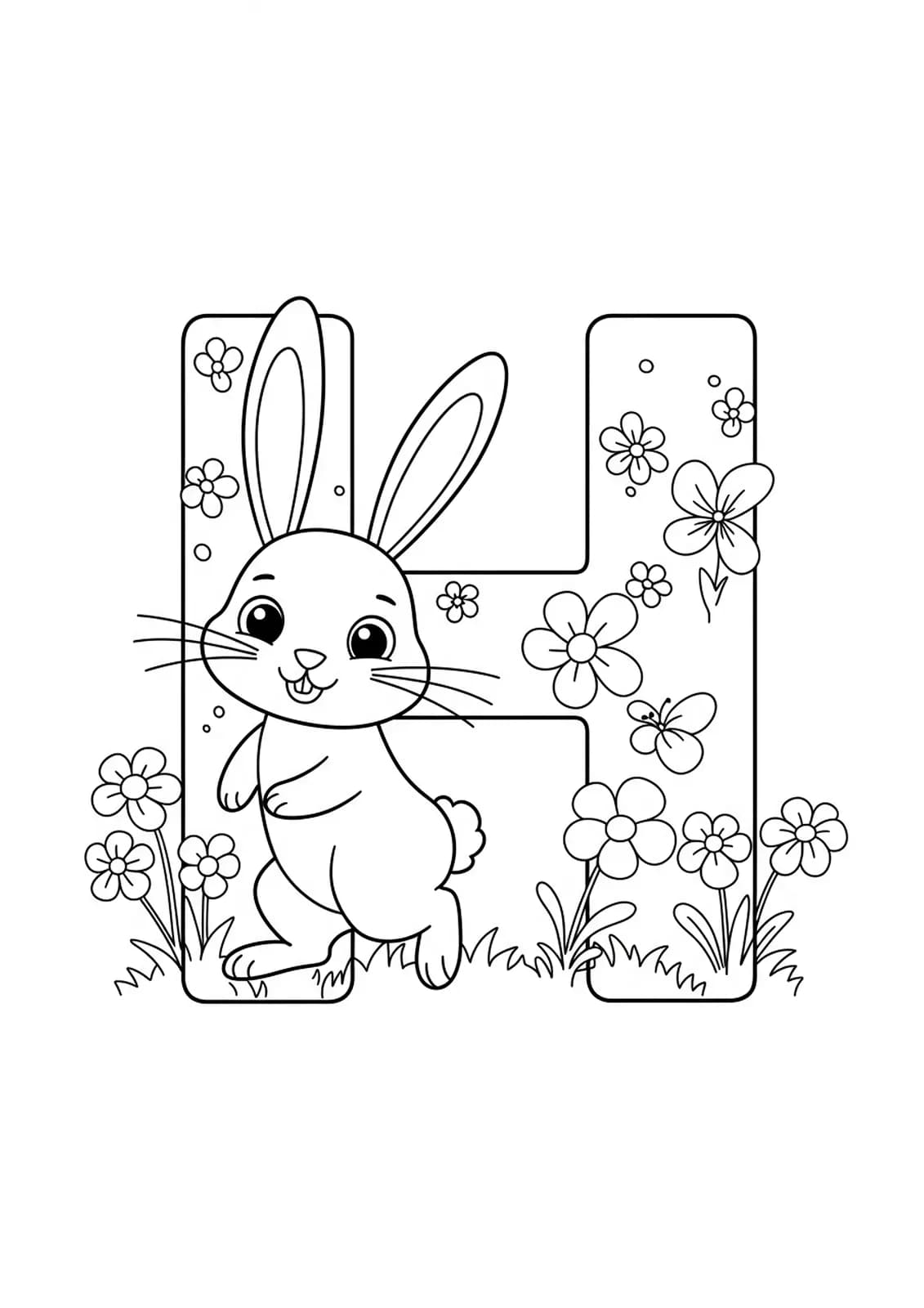 Coloring page of letter H with a hopping bunny and spring flowers for preschoolers.