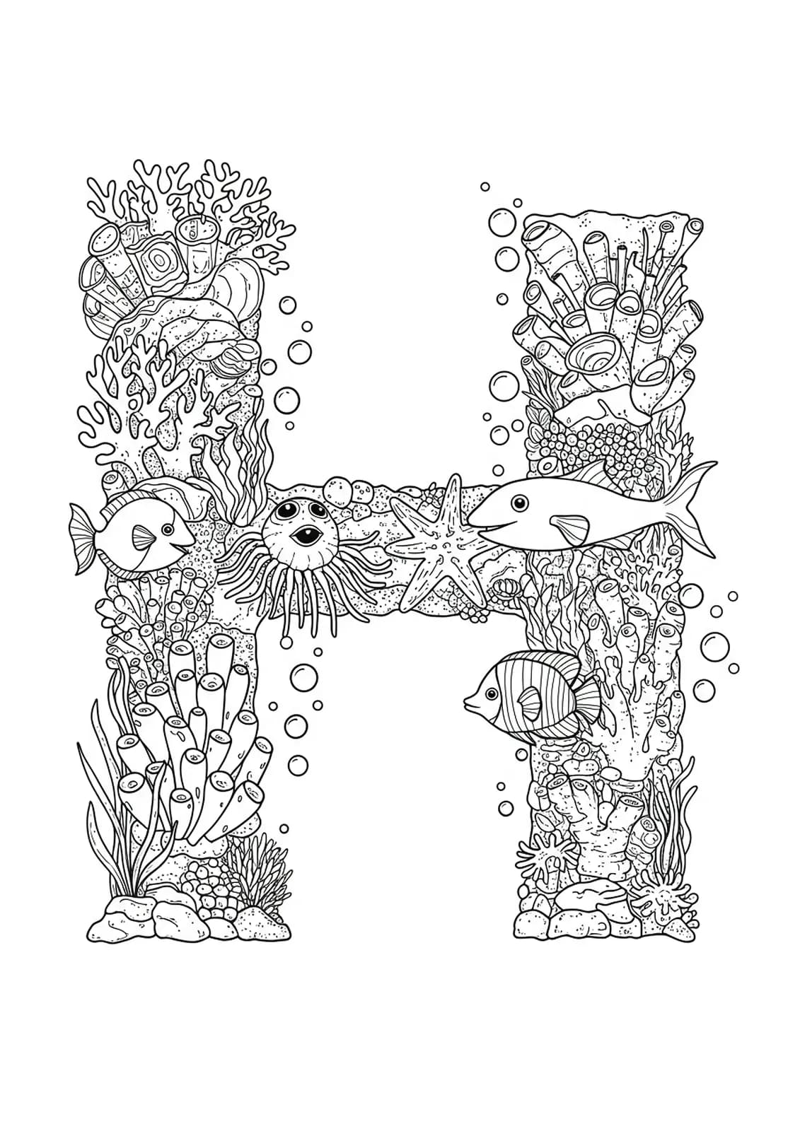 Fantasy underwater world letter H with detailed coral reefs, sea creatures, and bubbles for coloring