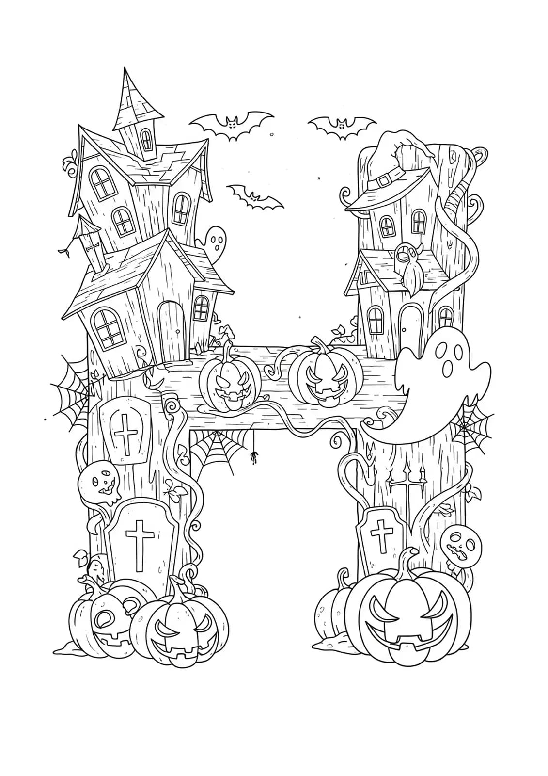 Intricate coloring page with the letter H as part of a haunted house, surrounded by bats, pumpkins, and cobwebs.