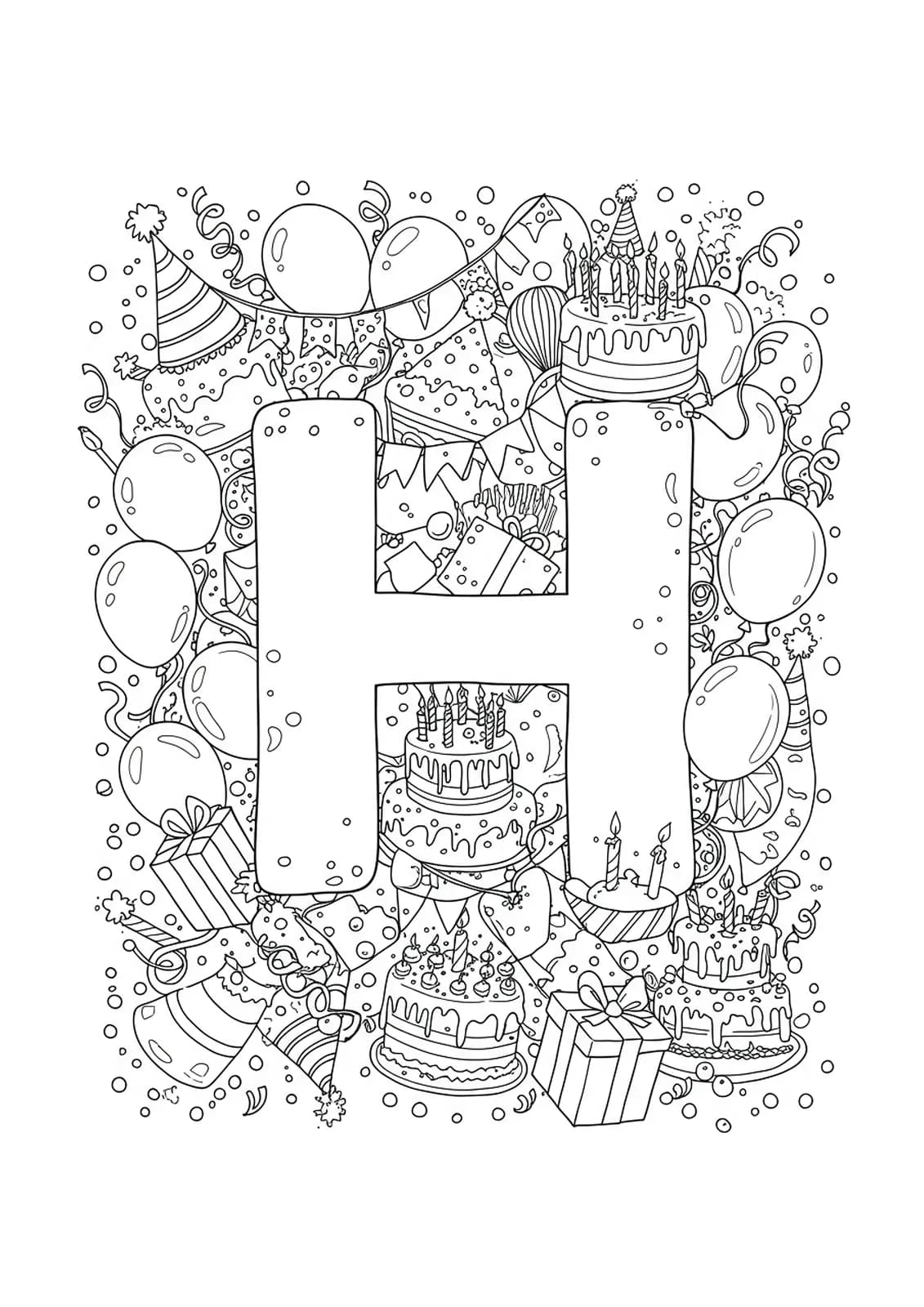 Letter H decorated with intricate birthday motifs like balloons, cakes, candles, and confetti.