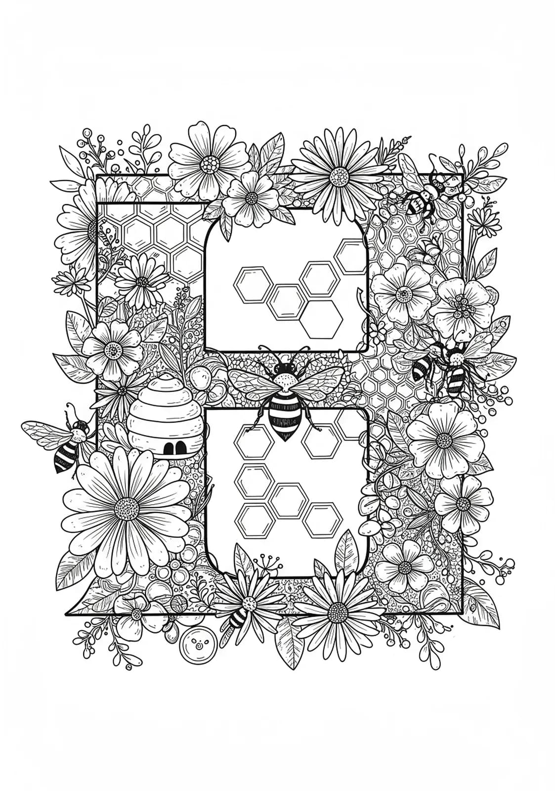 Coloring page showing the letter H with honeycombs, bees, and flowers in complex patterns.