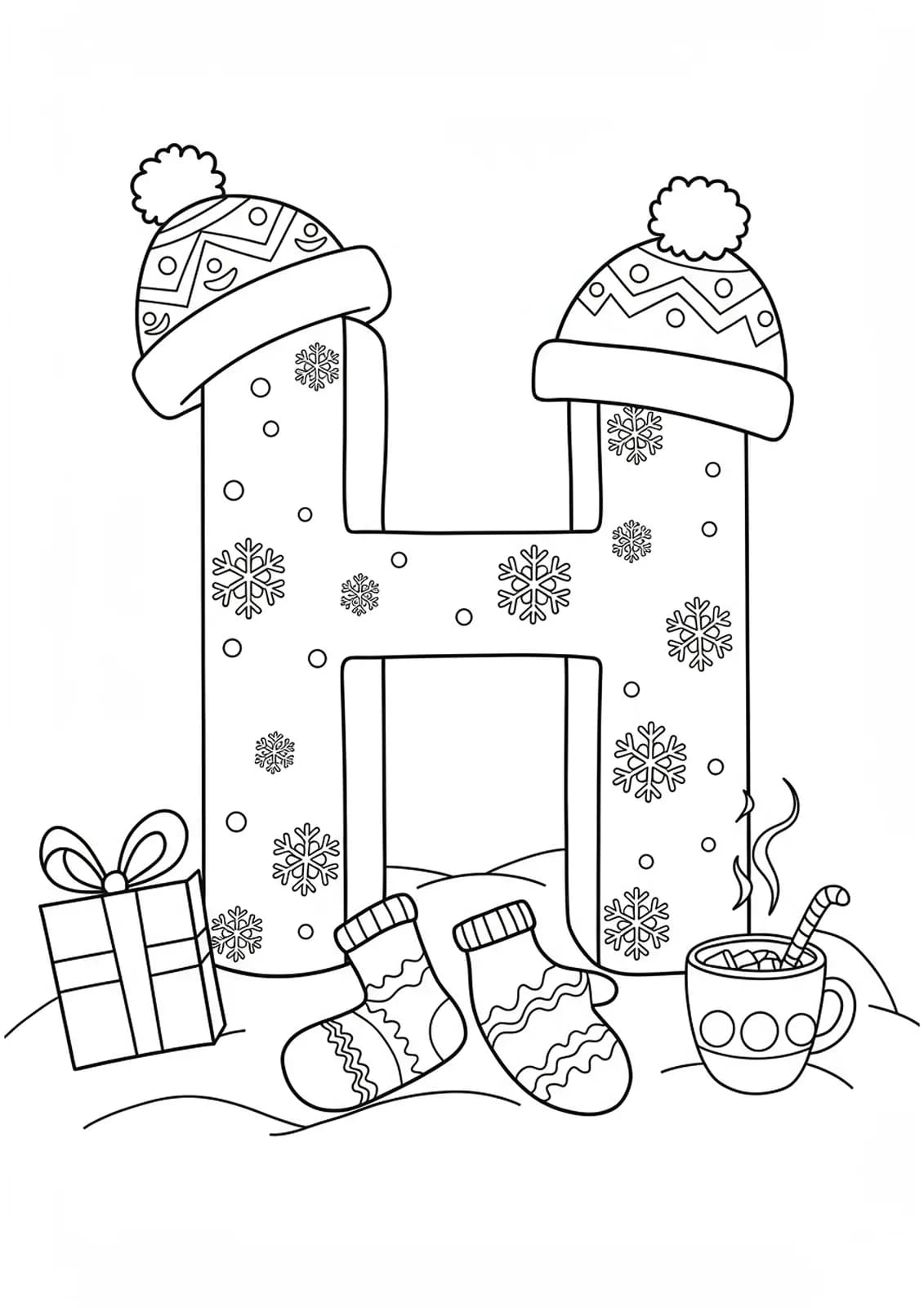 Coloring page of letter H with snowflakes, winter hat, mittens, and hot cocoa for preschoolers.