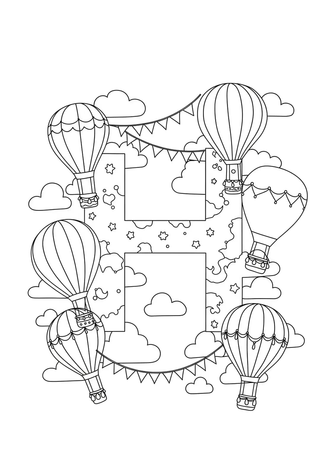 Letter H with hot air balloons, clouds, and banners, medium complexity for adult coloring.